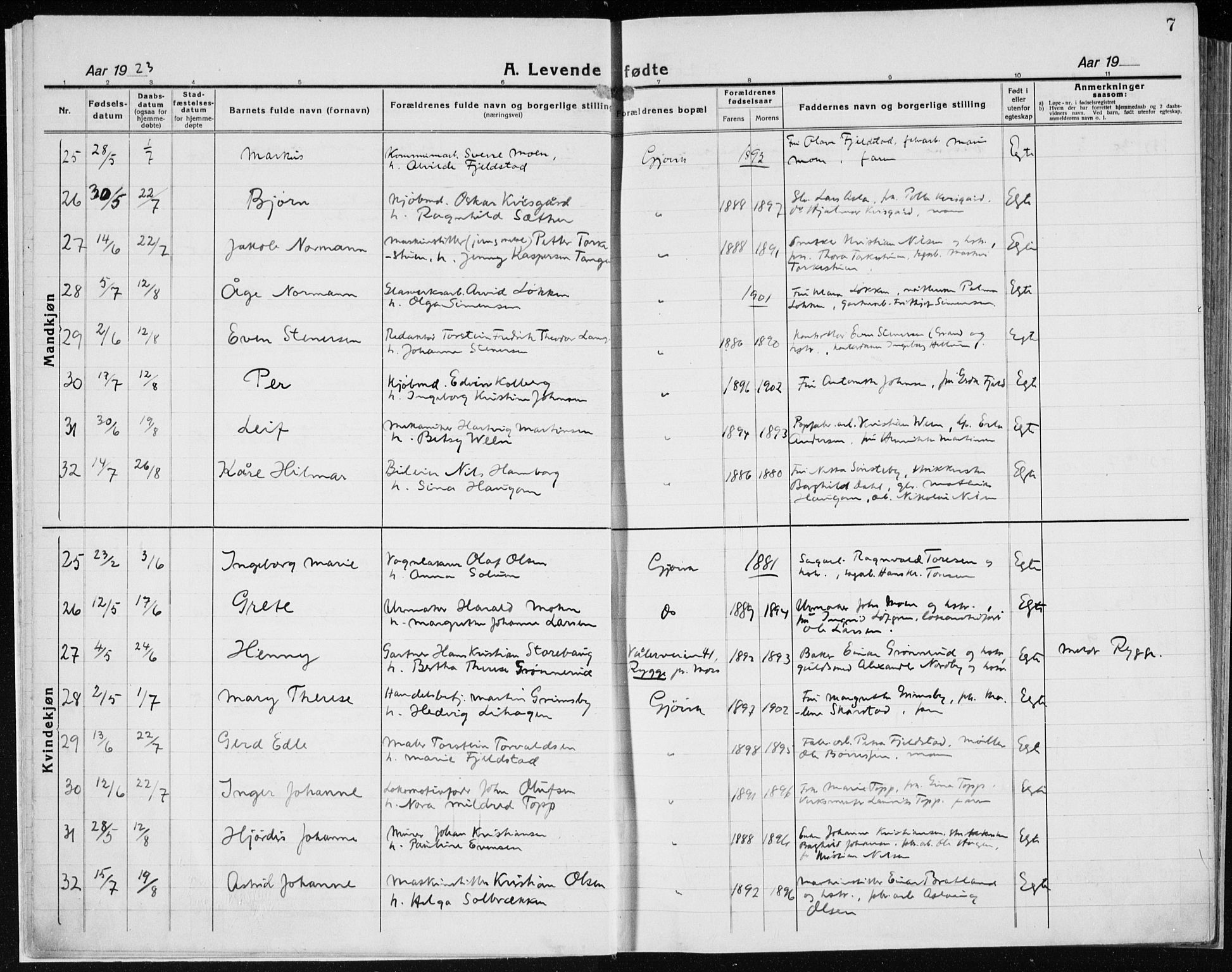 Vardal prestekontor, AV/SAH-PREST-100/H/Ha/Haa/L0015: Parish register (official) no. 15, 1923-1937, p. 7