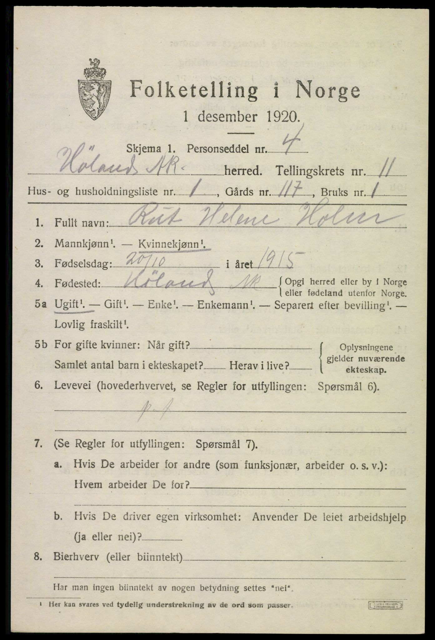 SAO, 1920 census for Høland, 1920, p. 10805