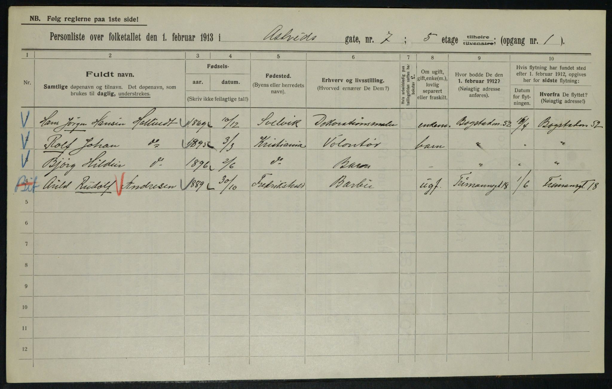 OBA, Municipal Census 1913 for Kristiania, 1913, p. 17278