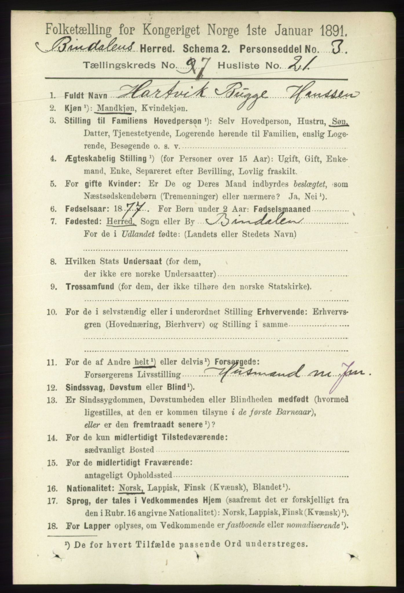 RA, 1891 census for 1811 Bindal, 1891, p. 2384