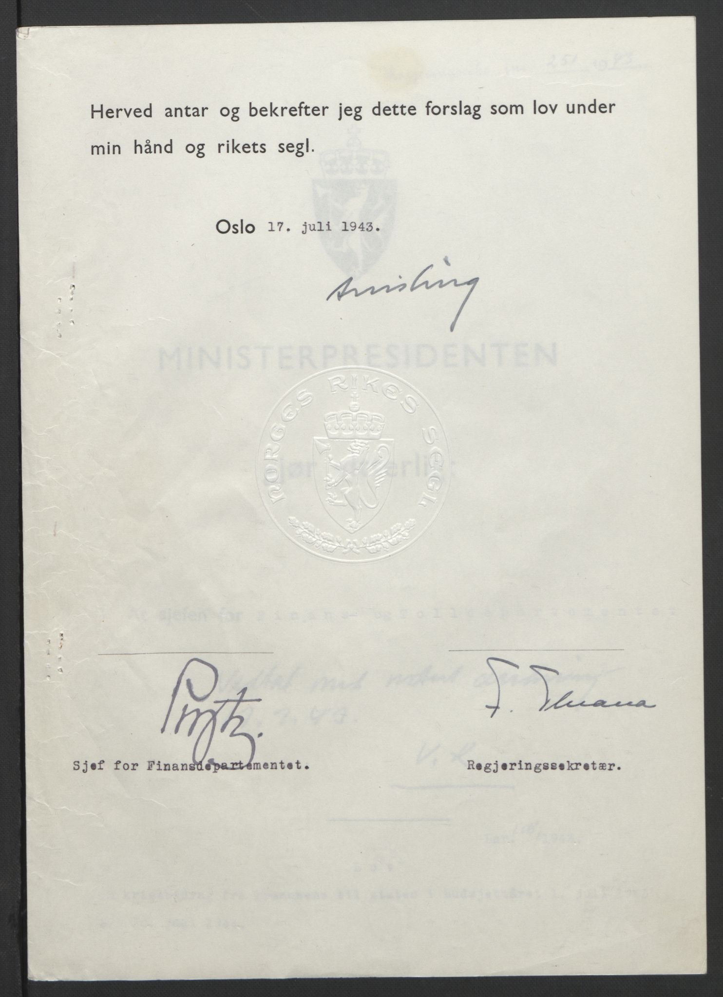 NS-administrasjonen 1940-1945 (Statsrådsekretariatet, de kommisariske statsråder mm), RA/S-4279/D/Db/L0099: Lover, 1943, p. 508