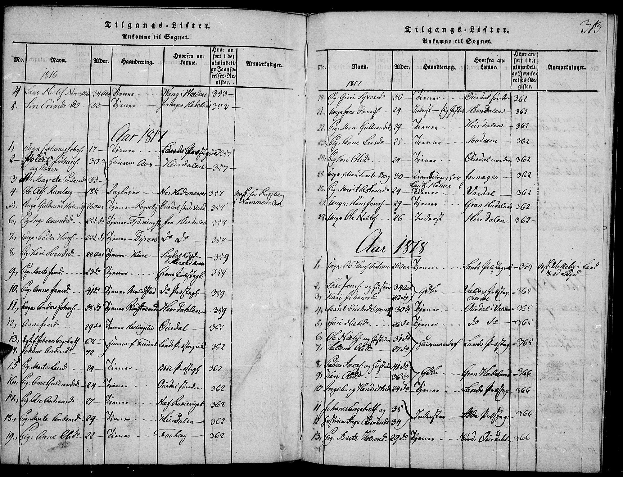 Toten prestekontor, SAH/PREST-102/H/Ha/Haa/L0009: Parish register (official) no. 9, 1814-1820, p. 313