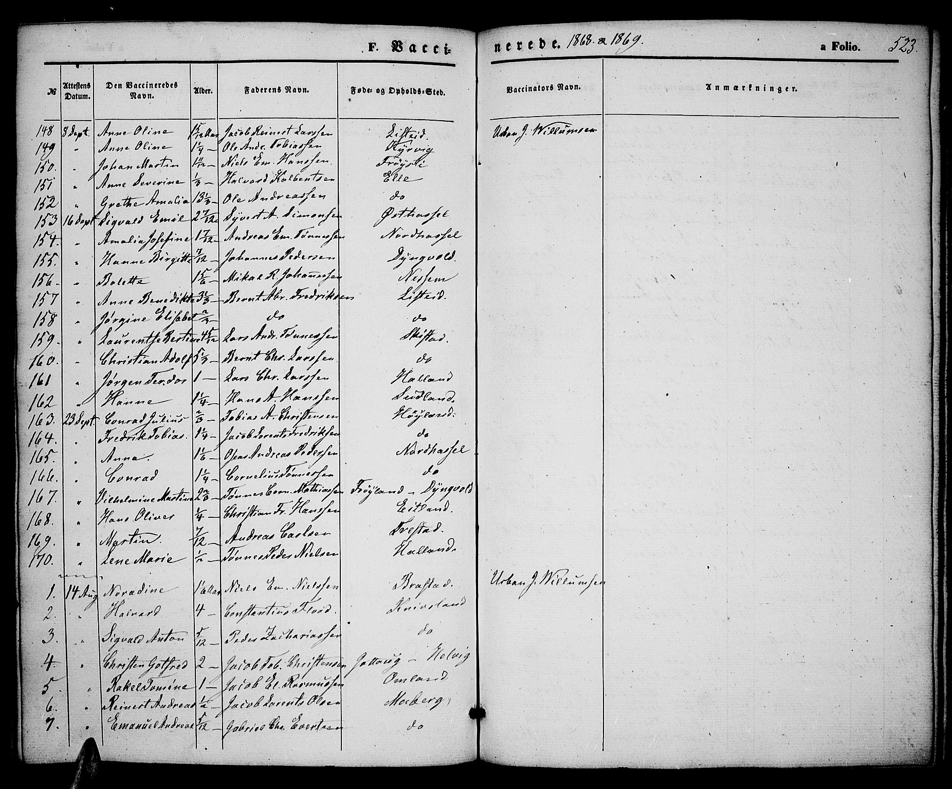 Lista sokneprestkontor, AV/SAK-1111-0027/F/Fb/L0003: Parish register (copy) no. B 3, 1862-1877, p. 523