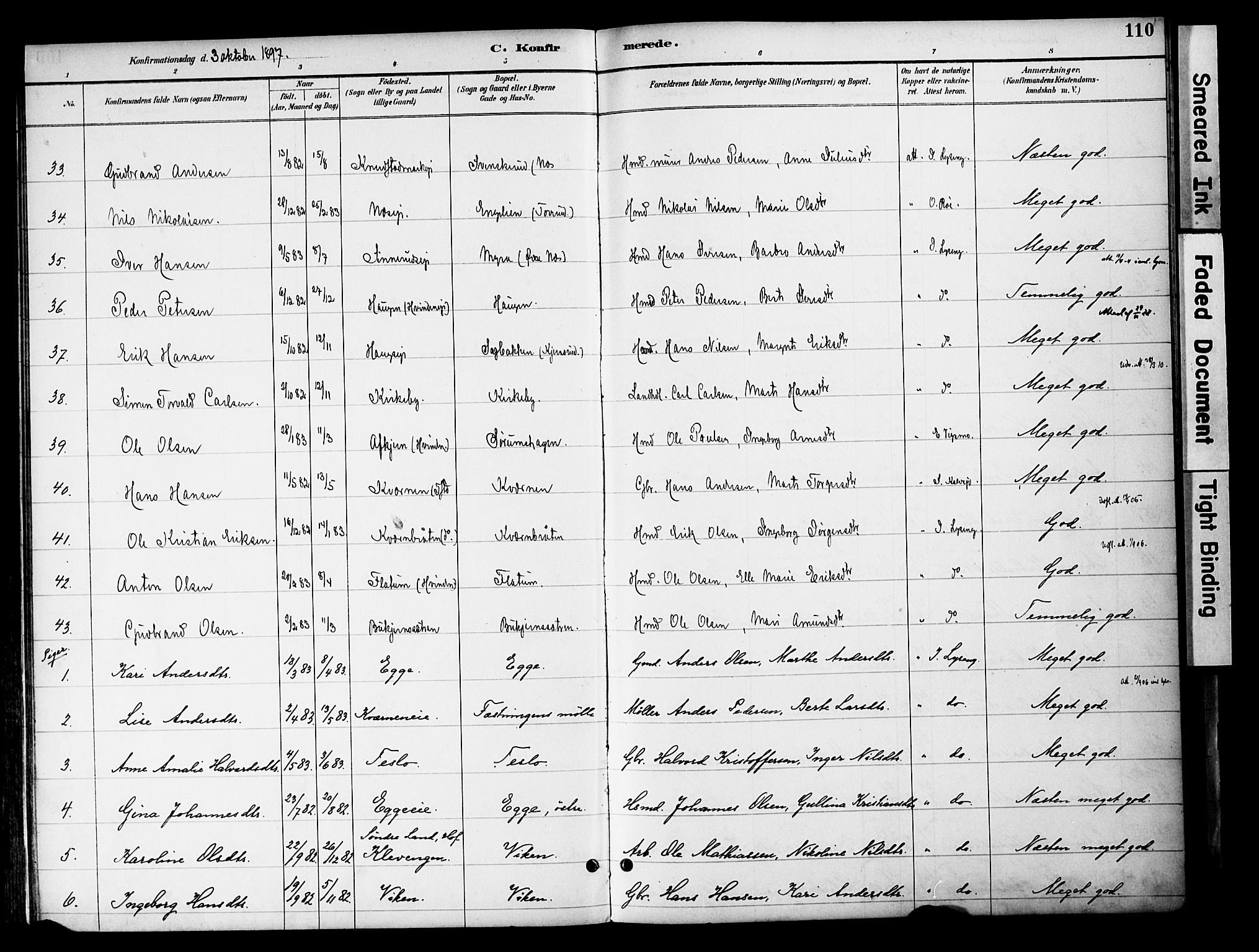 Gran prestekontor, AV/SAH-PREST-112/H/Ha/Haa/L0020: Parish register (official) no. 20, 1889-1899, p. 110