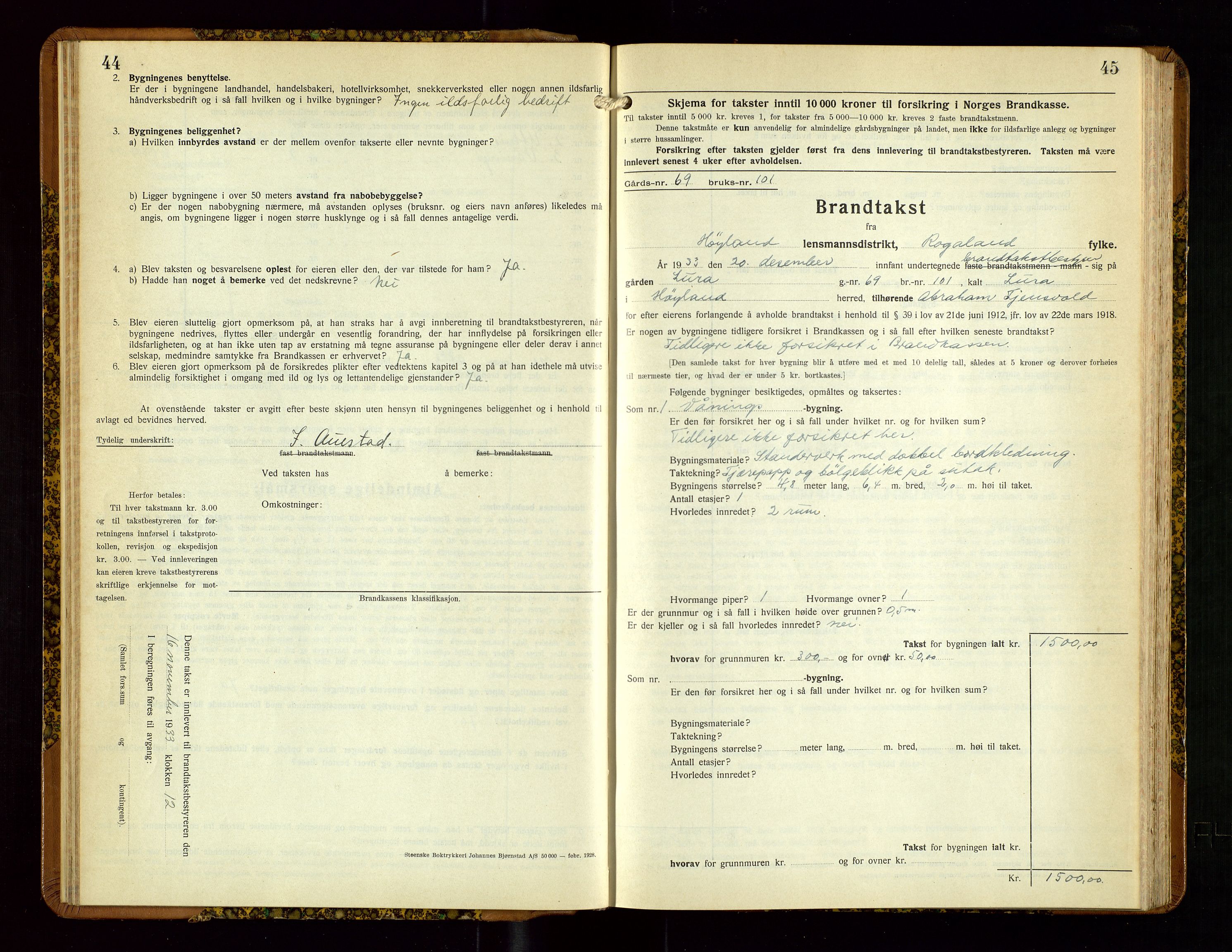 Høyland/Sandnes lensmannskontor, AV/SAST-A-100166/Gob/L0005: "Brandtakstprotokoll", 1933-1936, p. 44-45