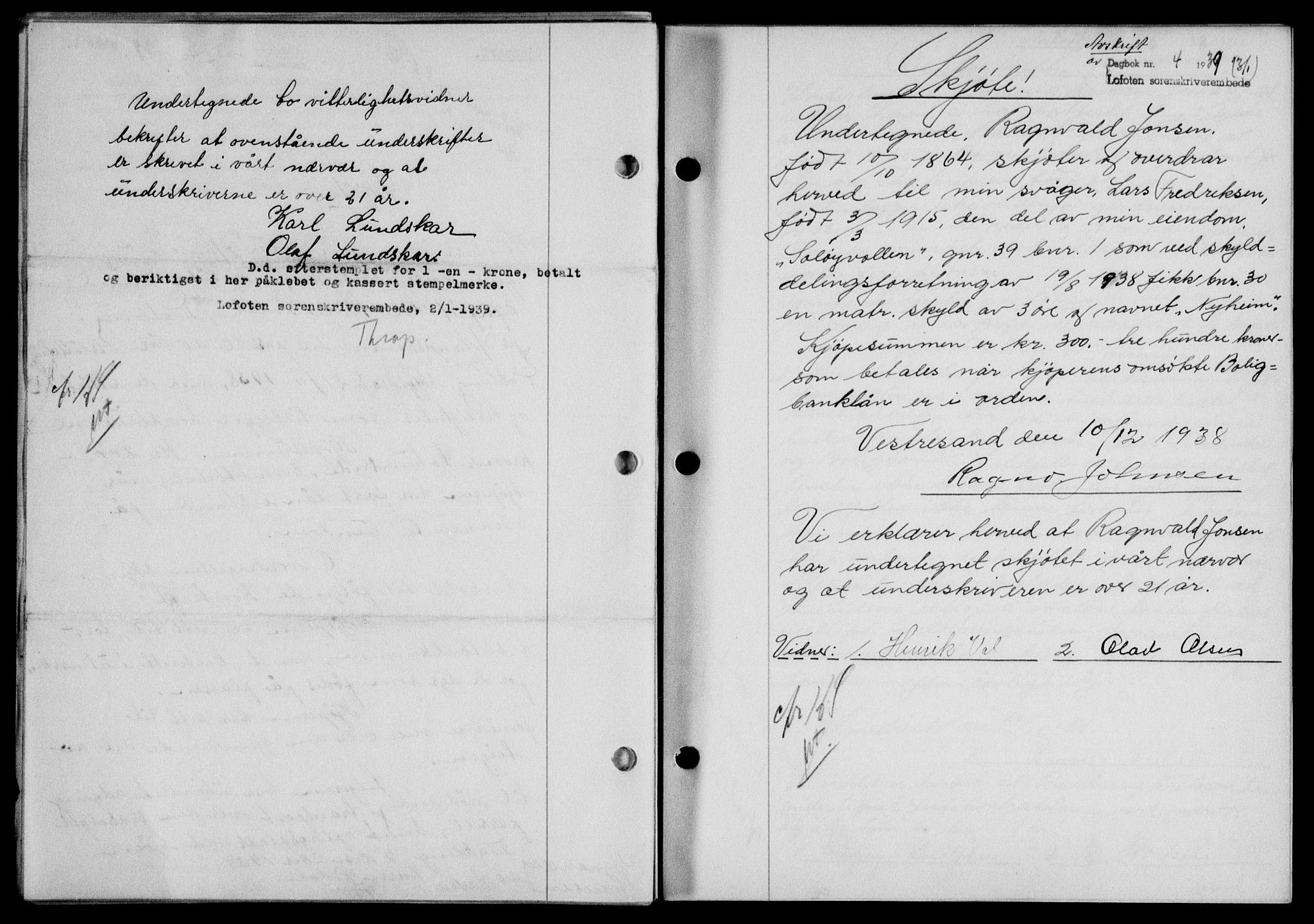 Lofoten sorenskriveri, SAT/A-0017/1/2/2C/L0005a: Mortgage book no. 5a, 1939-1939, Diary no: : 4/1939