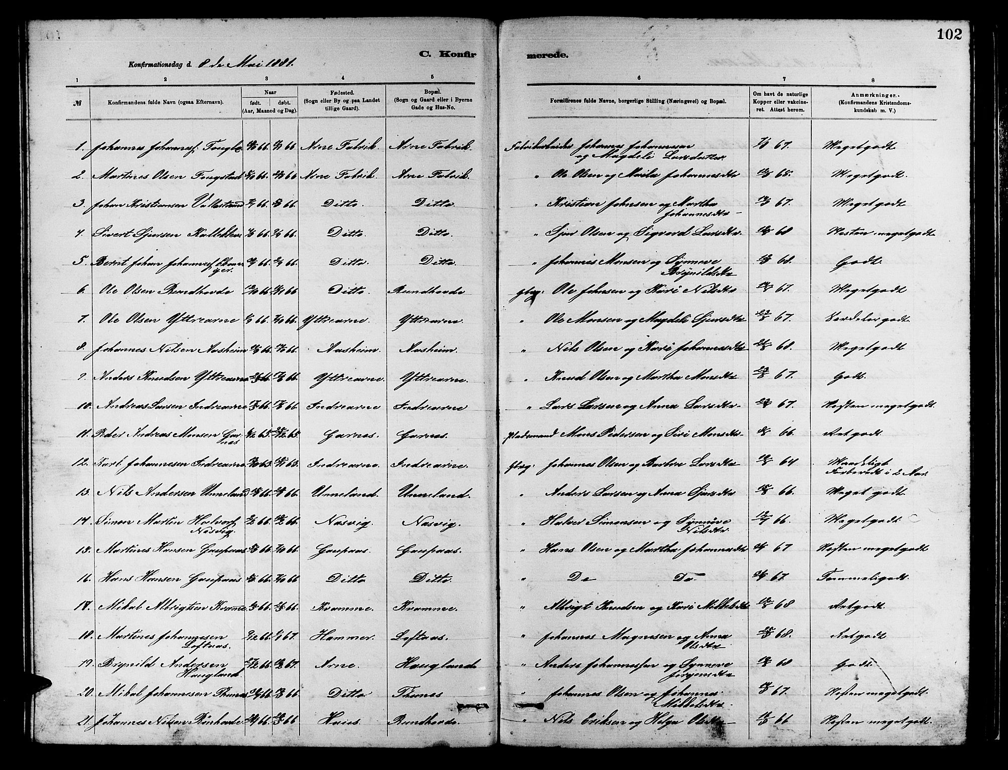Arna Sokneprestembete, SAB/A-74001/H/Ha/Hab: Parish register (copy) no. A 2, 1878-1887, p. 102