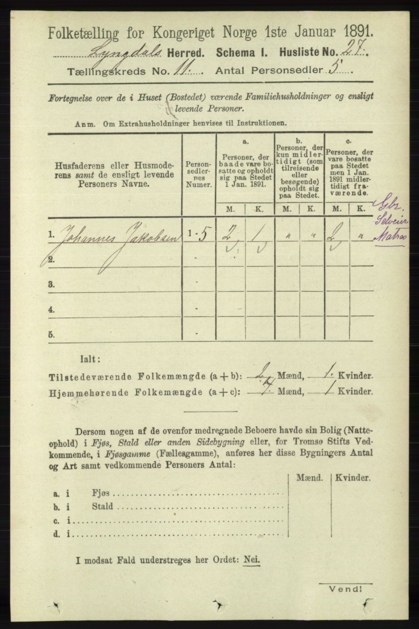 RA, 1891 census for 1032 Lyngdal, 1891, p. 4759