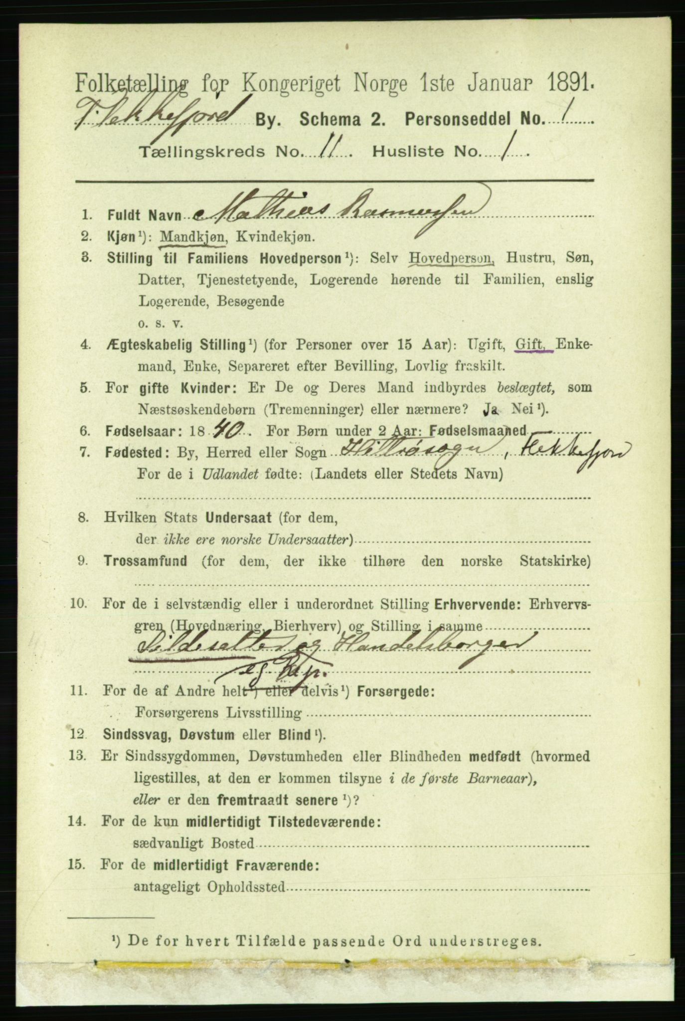 RA, 1891 census for 1004 Flekkefjord, 1891, p. 1625