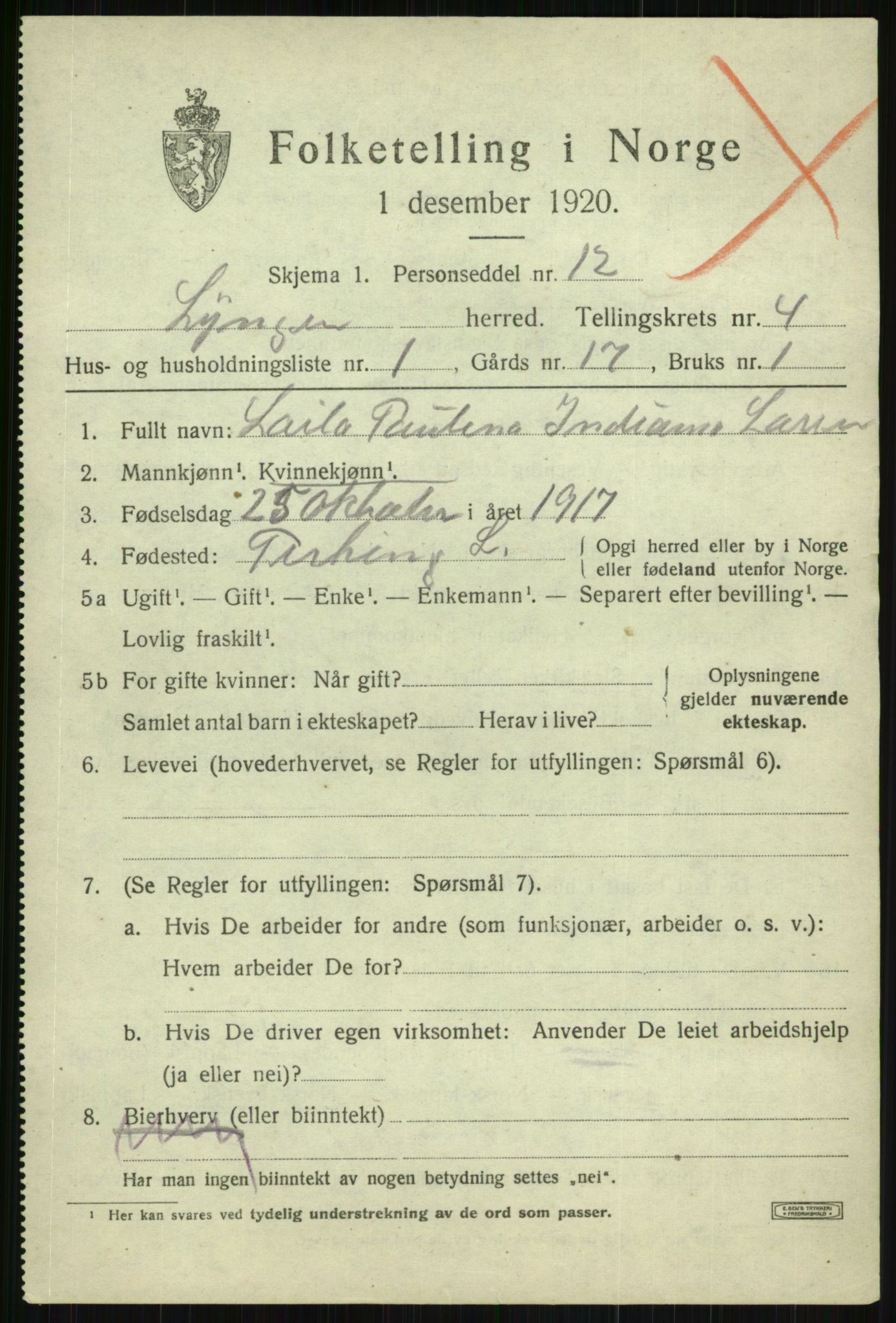 SATØ, 1920 census for Lyngen, 1920, p. 4045