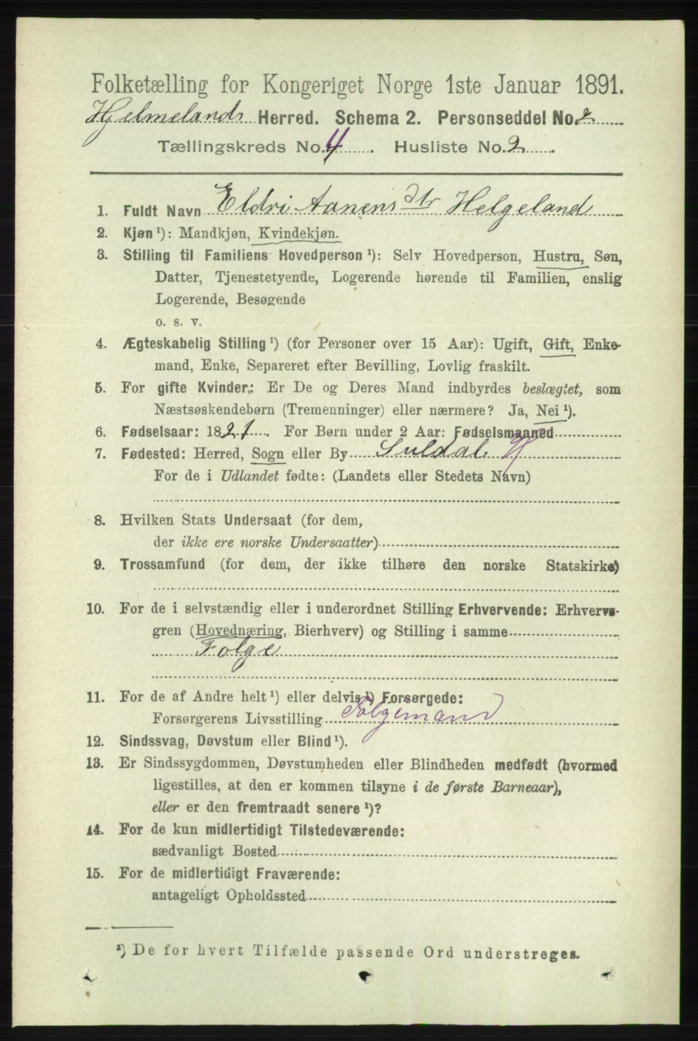 RA, 1891 census for 1133 Hjelmeland, 1891, p. 1005