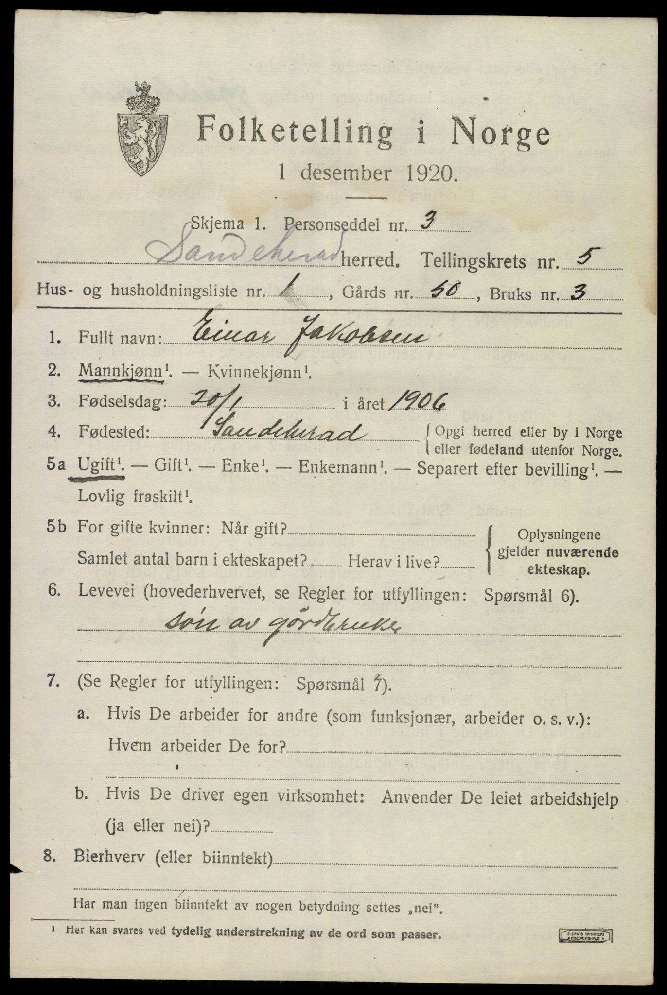 SAKO, 1920 census for Sandeherred, 1920, p. 8054