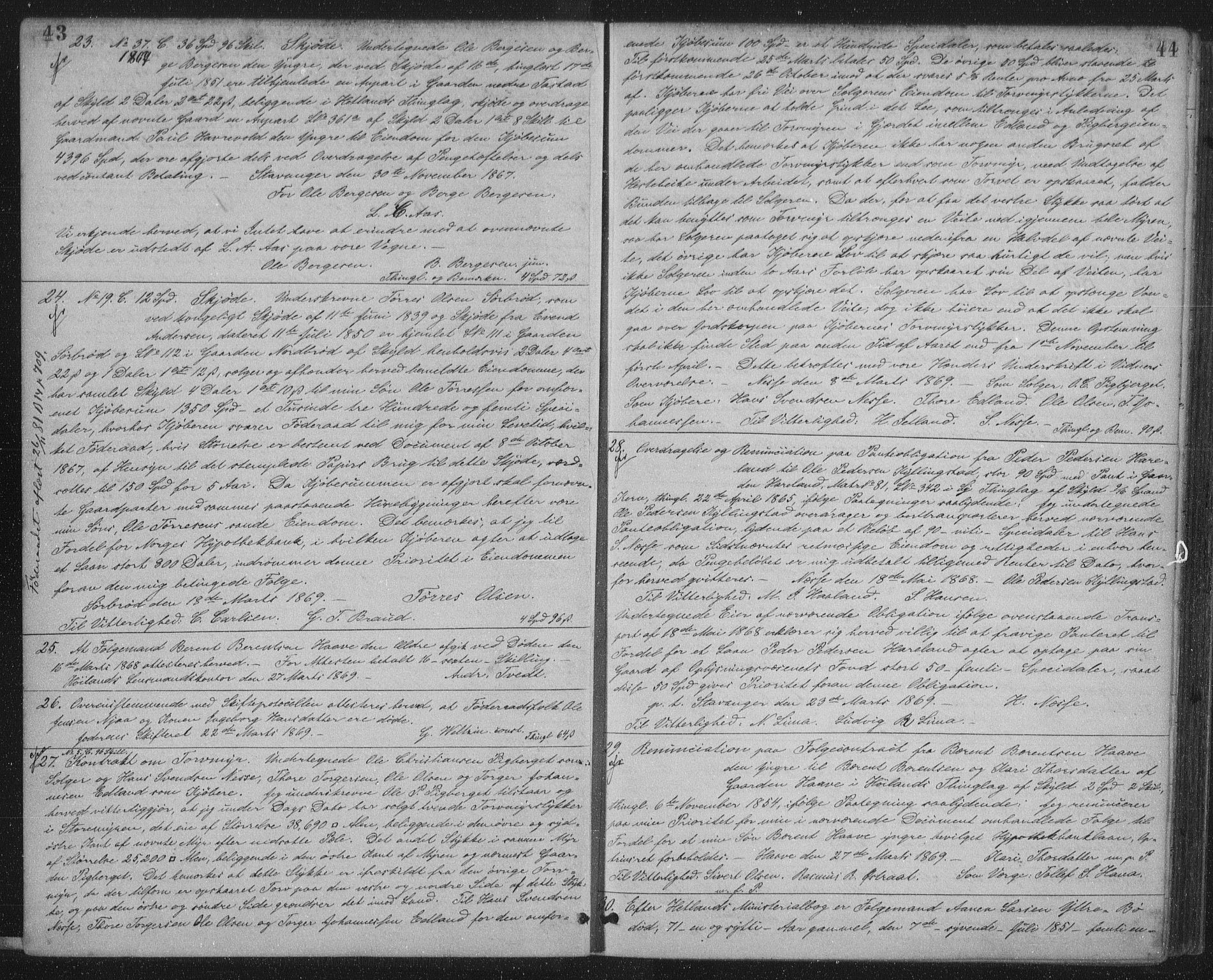 Jæren sorenskriveri, SAST/A-100310/01/4/41/41BF/L0001: Mortgage book no. 9, 1869-1871, p. 43-44