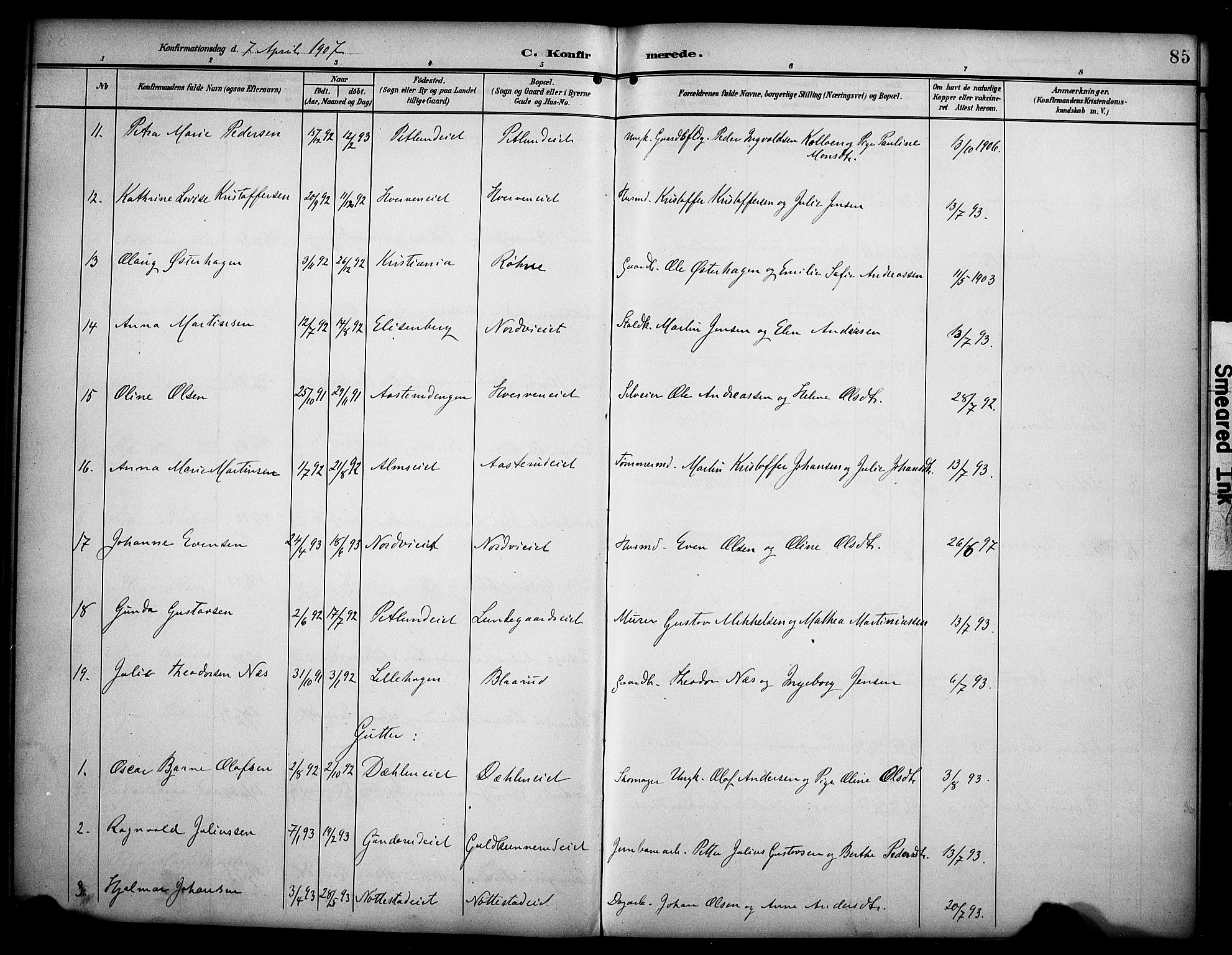 Stange prestekontor, SAH/PREST-002/K/L0022: Parish register (official) no. 22, 1903-1914, p. 85