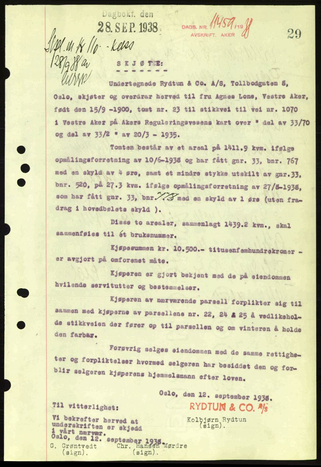 Aker herredsskriveri, SAO/A-10896/G/Gb/Gba/Gbab/L0025: Mortgage book no. A154-155, 1938-1938, Diary no: : 11459/1938