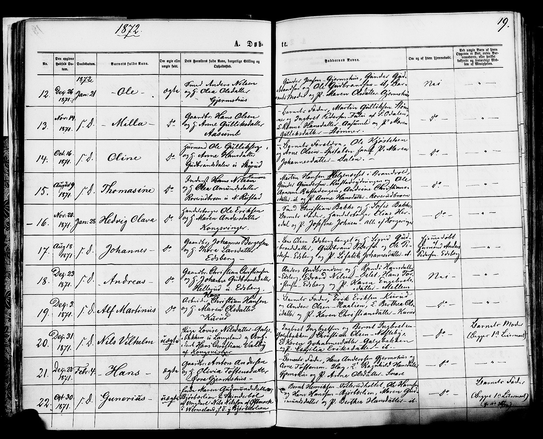 Vinger prestekontor, AV/SAH-PREST-024/H/Ha/Haa/L0012: Parish register (official) no. 12, 1871-1880, p. 19