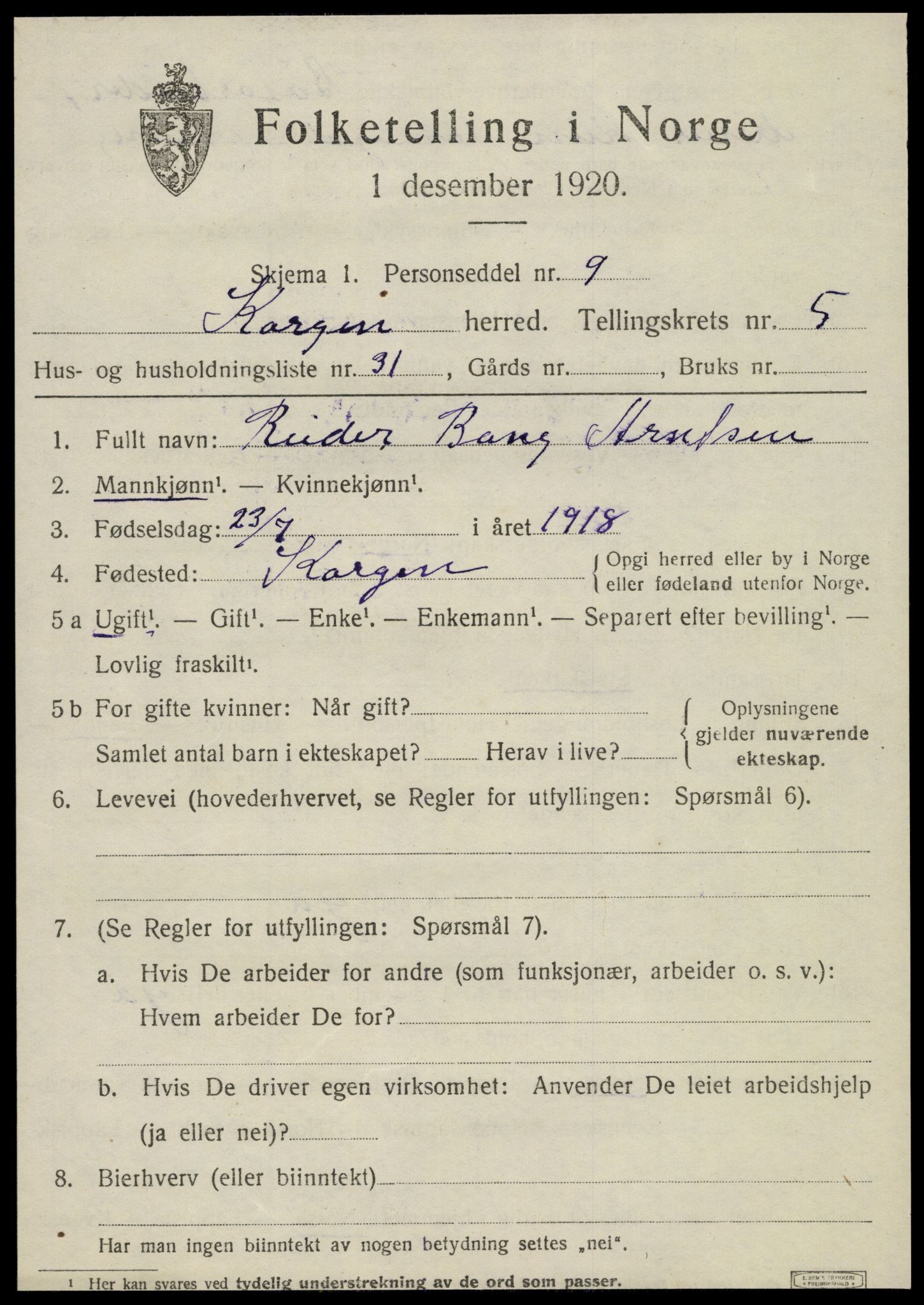 SAT, 1920 census for Korgen, 1920, p. 2404