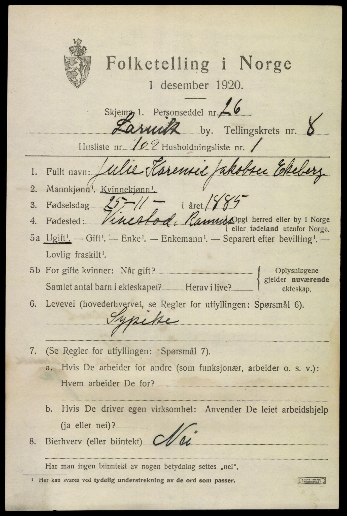 SAKO, 1920 census for Larvik, 1920, p. 24510