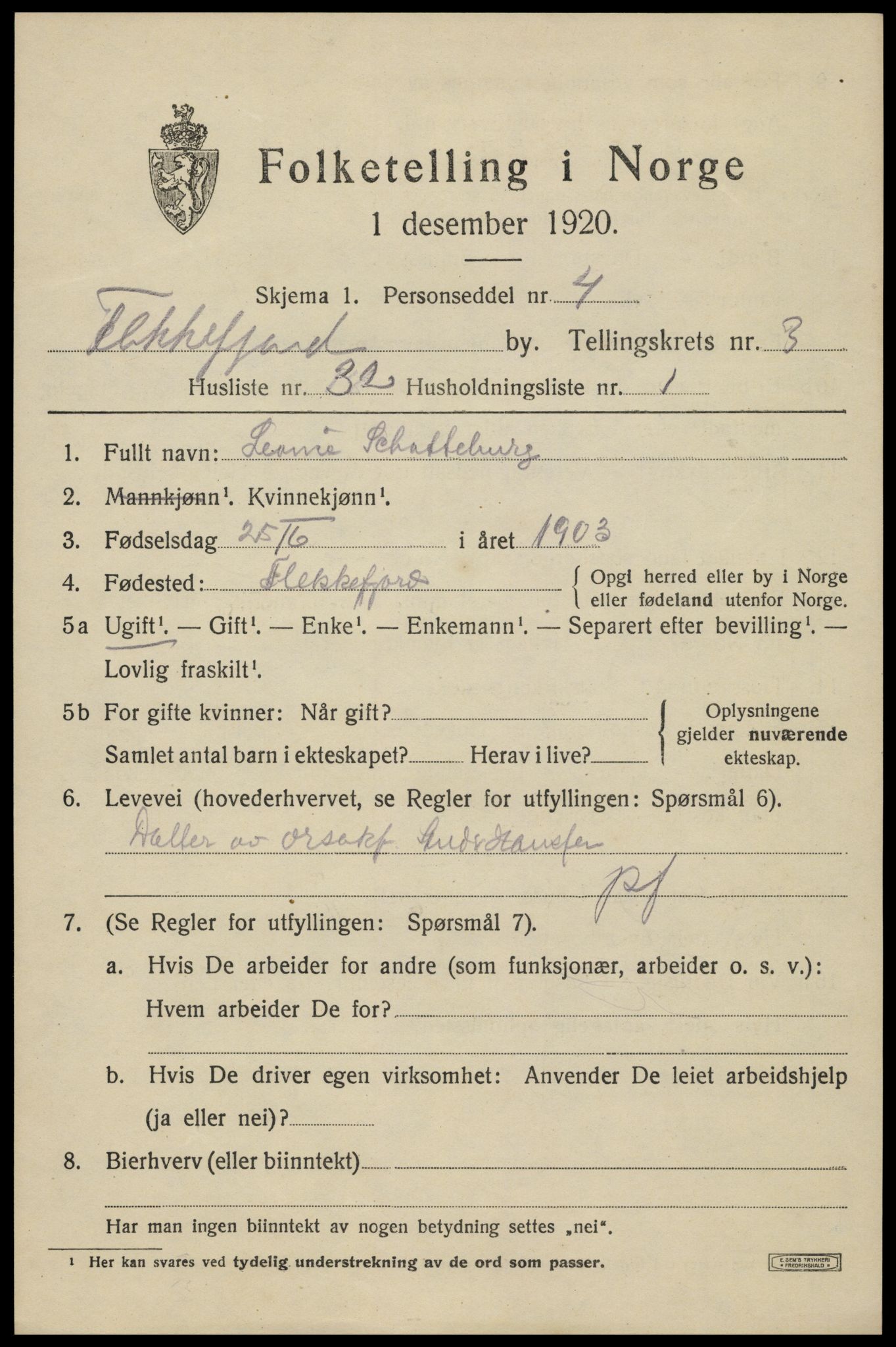 SAK, 1920 census for Flekkefjord, 1920, p. 3786