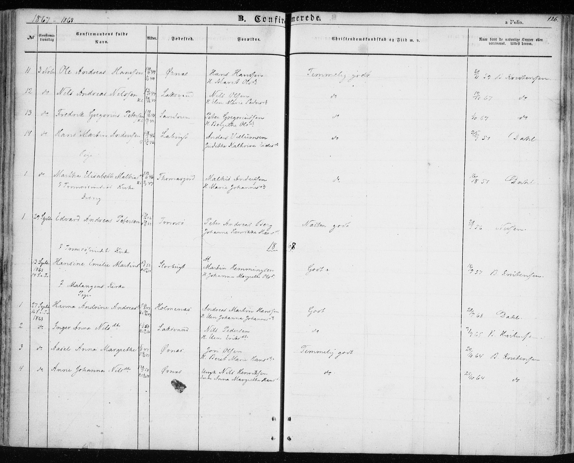 Balsfjord sokneprestembete, SATØ/S-1303/G/Ga/L0003kirke: Parish register (official) no. 3, 1856-1870, p. 126