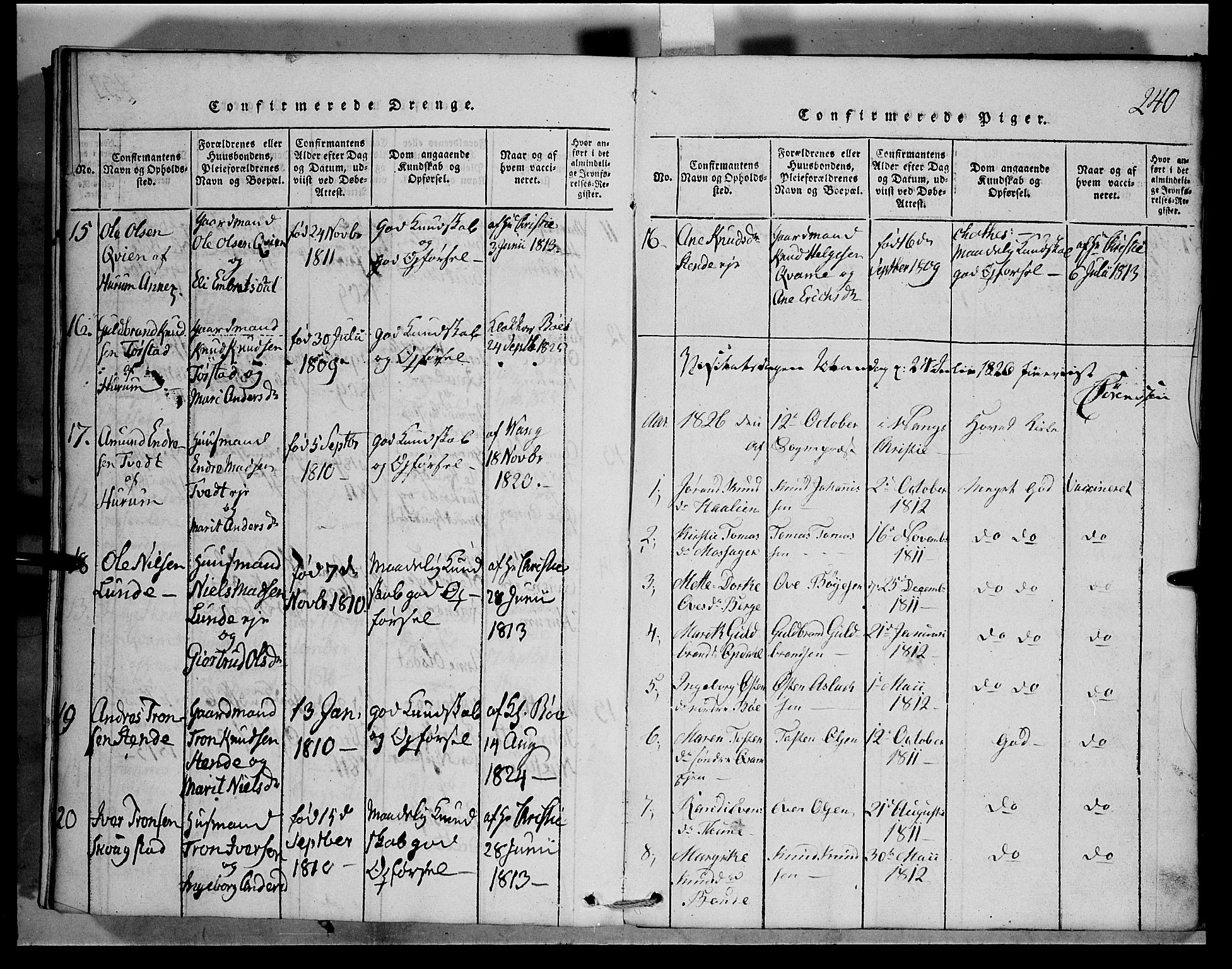 Vang prestekontor, Valdres, SAH/PREST-140/H/Hb/L0001: Parish register (copy) no. 1, 1814-1820, p. 240