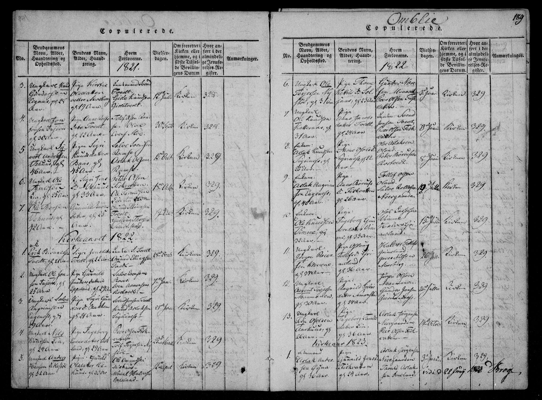 Åmli sokneprestkontor, AV/SAK-1111-0050/F/Fa/Fac/L0006: Parish register (official) no. A 6, 1816-1829, p. 189