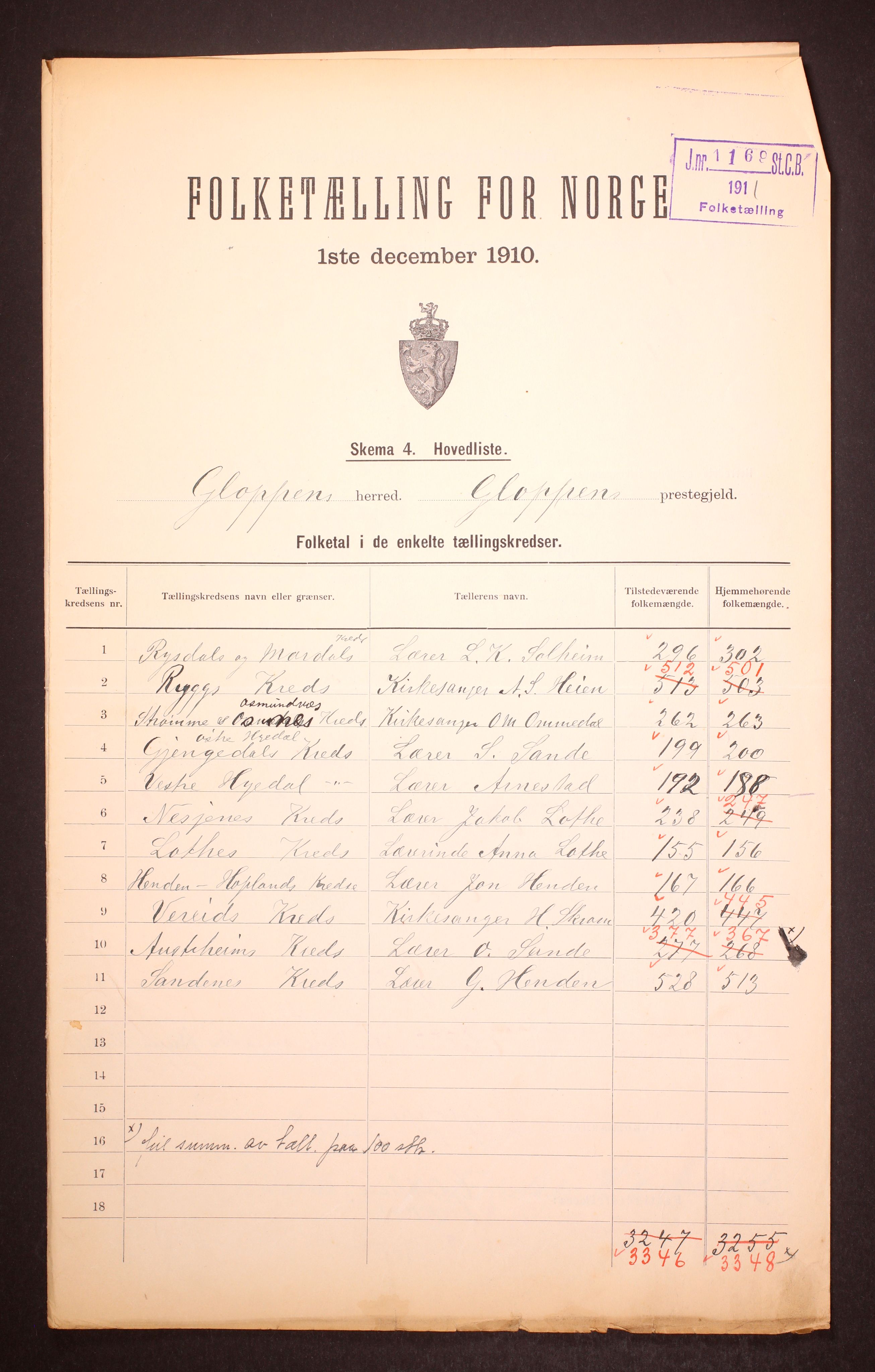 RA, 1910 census for Gloppen, 1910, p. 1