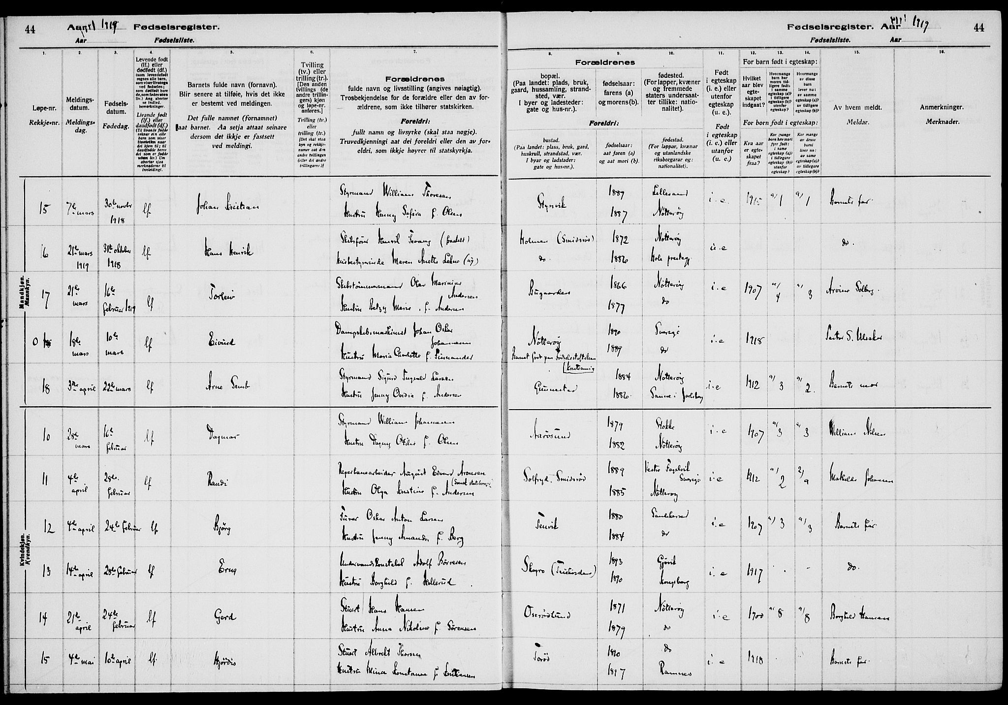 Nøtterøy kirkebøker, AV/SAKO-A-354/J/Ja/L0001: Birth register no. 1, 1916-1928, p. 44