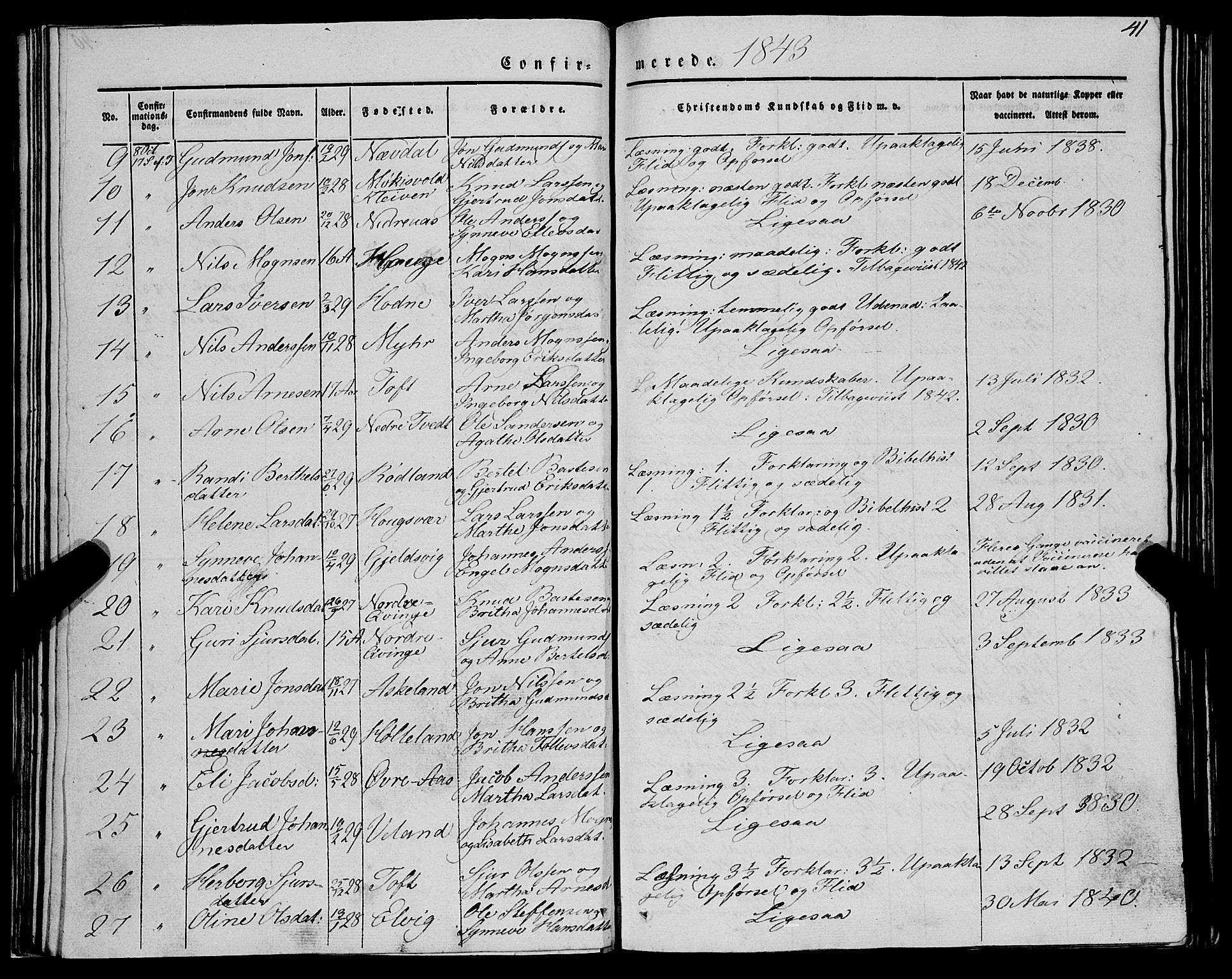 Lindås Sokneprestembete, SAB/A-76701/H/Haa: Parish register (official) no. A 12, 1836-1848, p. 41