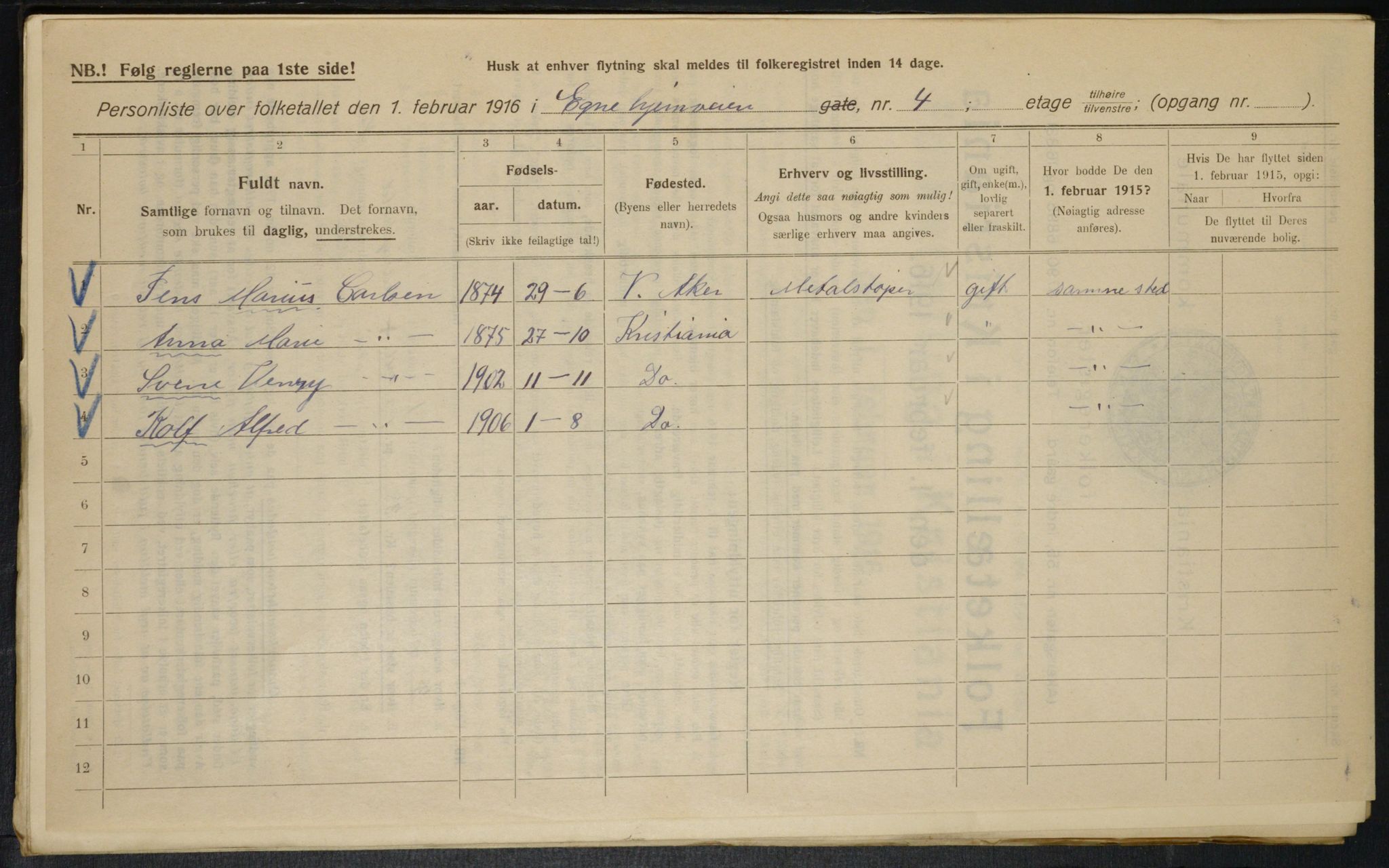 OBA, Municipal Census 1916 for Kristiania, 1916, p. 18986