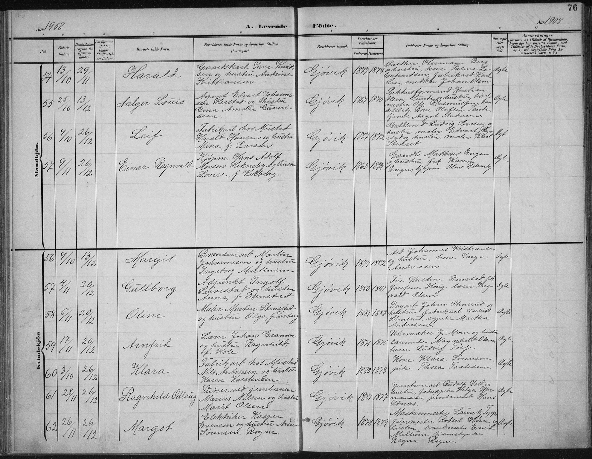 Vardal prestekontor, SAH/PREST-100/H/Ha/Haa/L0013: Parish register (official) no. 13, 1901-1911, p. 76
