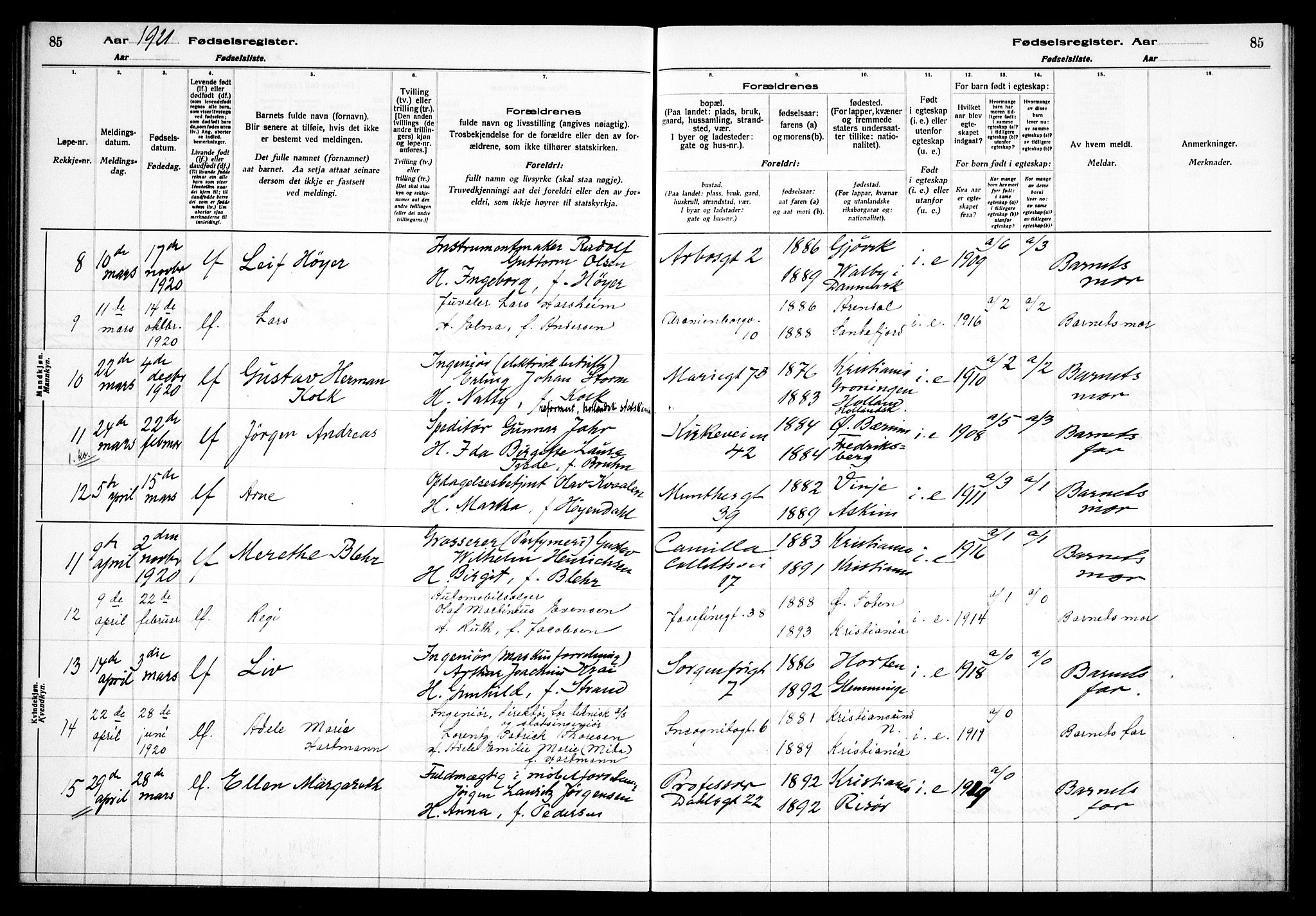 Uranienborg prestekontor Kirkebøker, AV/SAO-A-10877/J/Ja/L0001: Birth register no. 1, 1916-1930, p. 85