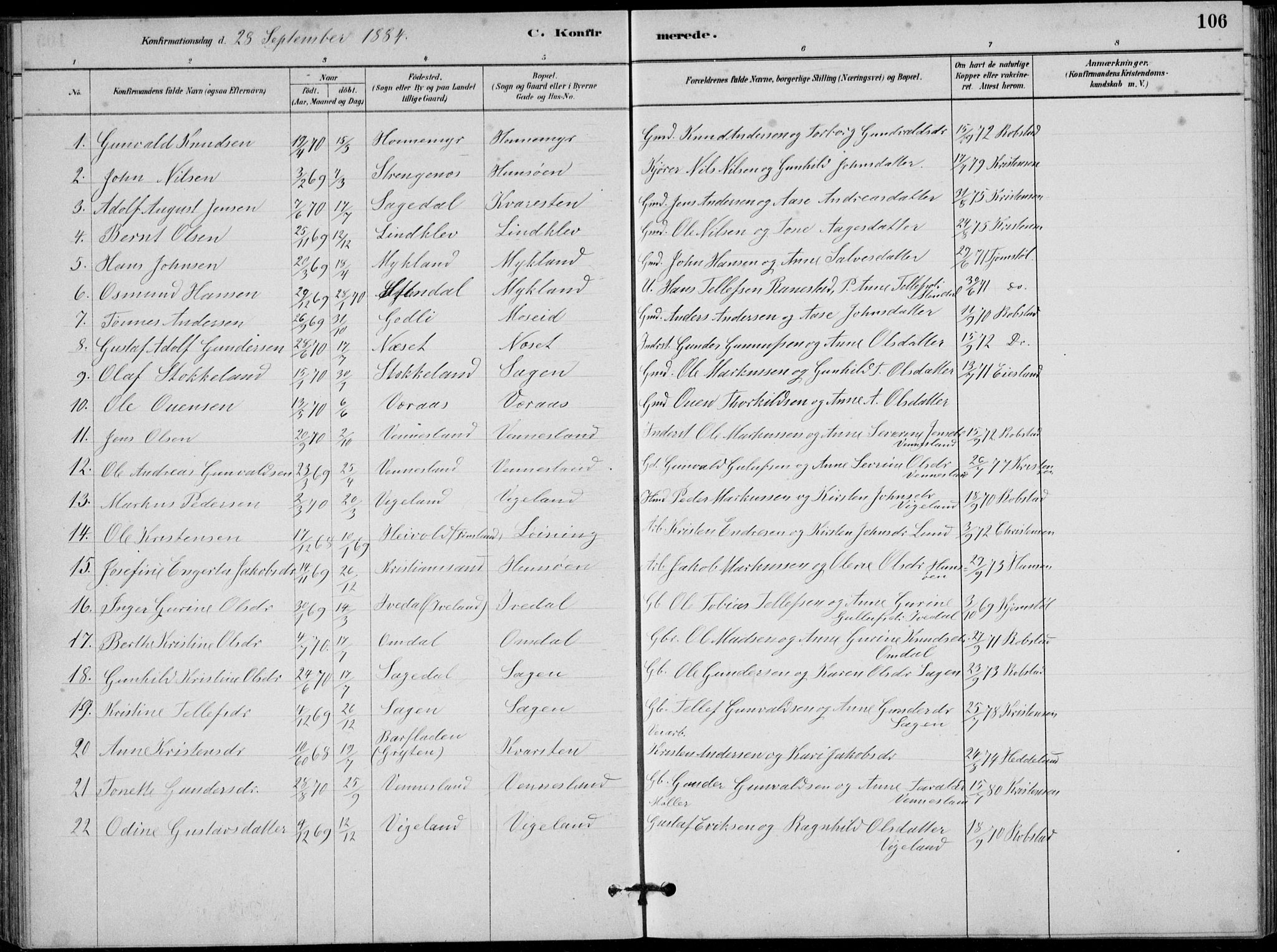 Vennesla sokneprestkontor, AV/SAK-1111-0045/Fb/Fbb/L0003: Parish register (copy) no. B 3, 1879-1893, p. 106