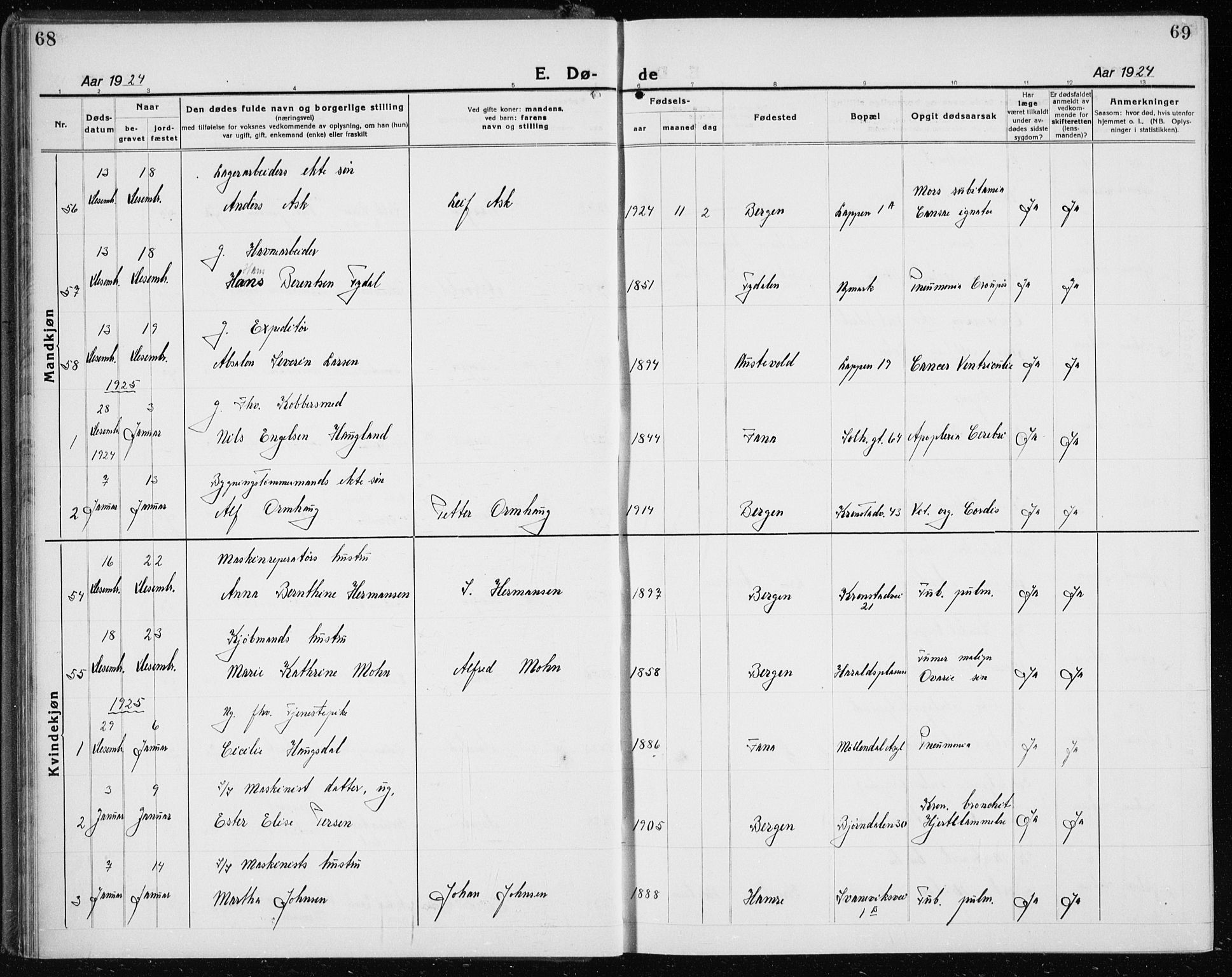 Årstad Sokneprestembete, SAB/A-79301/H/Hab/L0025: Parish register (copy) no. D 2, 1922-1940, p. 68-69