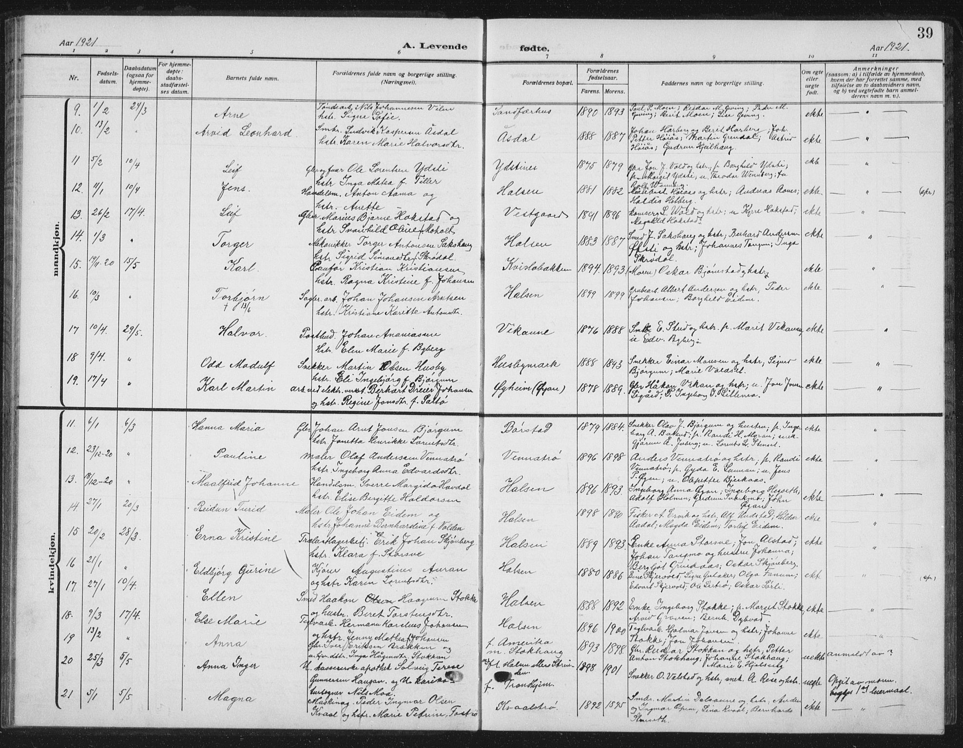 Ministerialprotokoller, klokkerbøker og fødselsregistre - Nord-Trøndelag, SAT/A-1458/709/L0088: Parish register (copy) no. 709C02, 1914-1934, p. 39