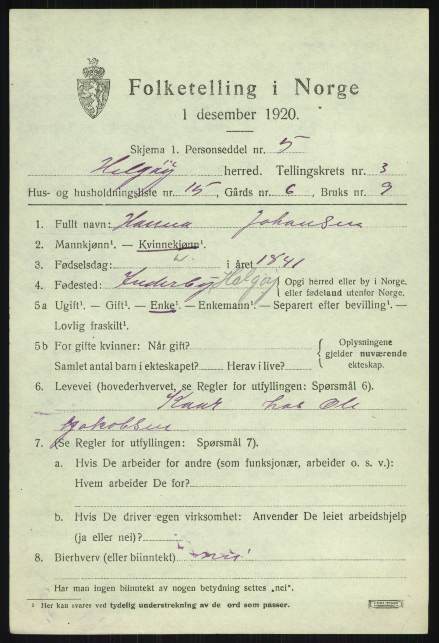 SATØ, 1920 census for Helgøy, 1920, p. 1583