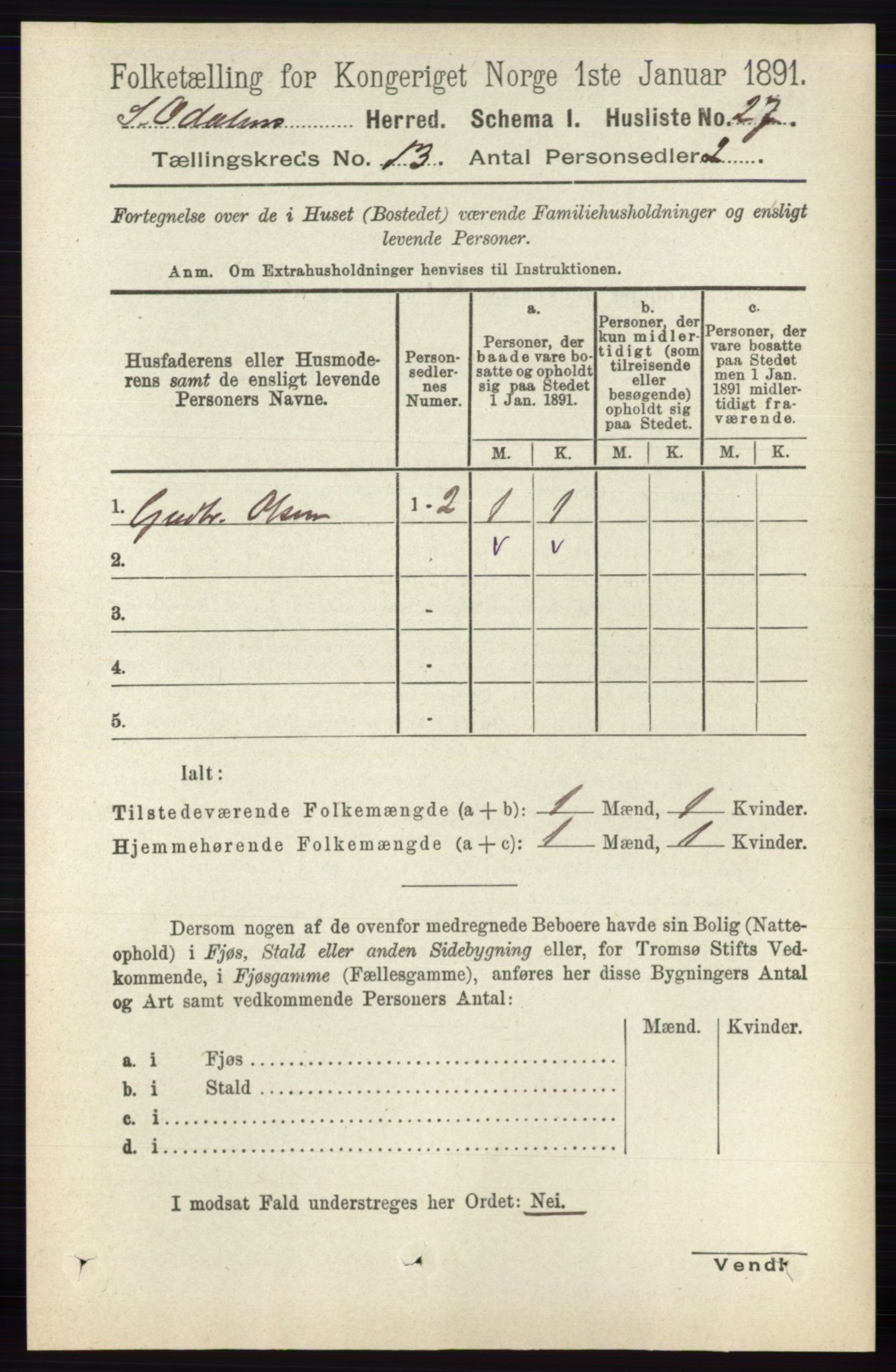 RA, 1891 census for 0419 Sør-Odal, 1891, p. 5533