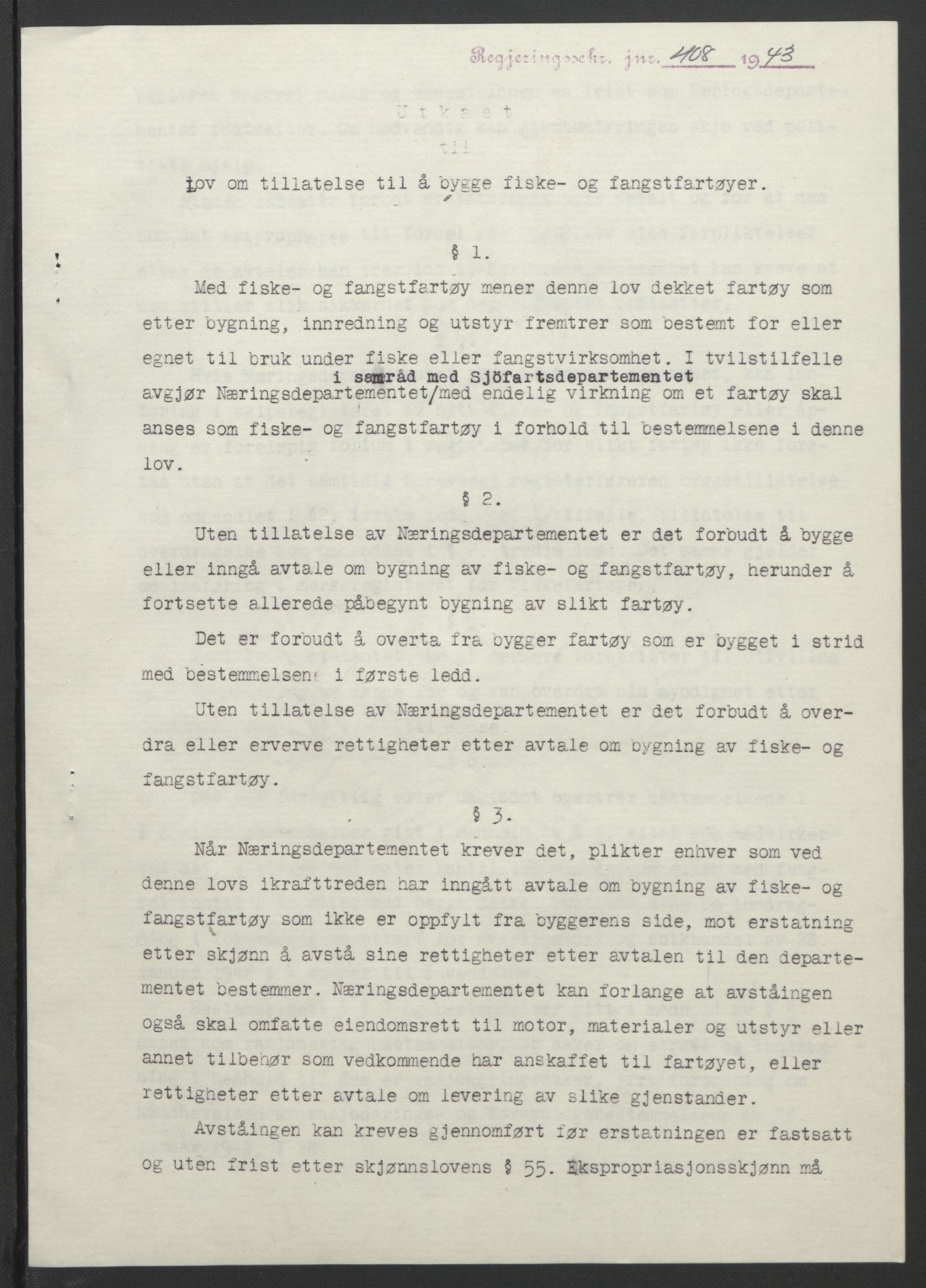 NS-administrasjonen 1940-1945 (Statsrådsekretariatet, de kommisariske statsråder mm), AV/RA-S-4279/D/Db/L0099: Lover, 1943, p. 772