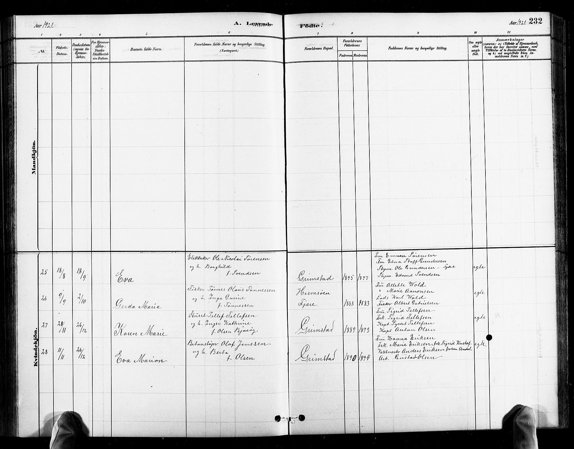 Grimstad sokneprestkontor, AV/SAK-1111-0017/F/Fb/L0001: Parish register (copy) no. B 1, 1881-1922, p. 232