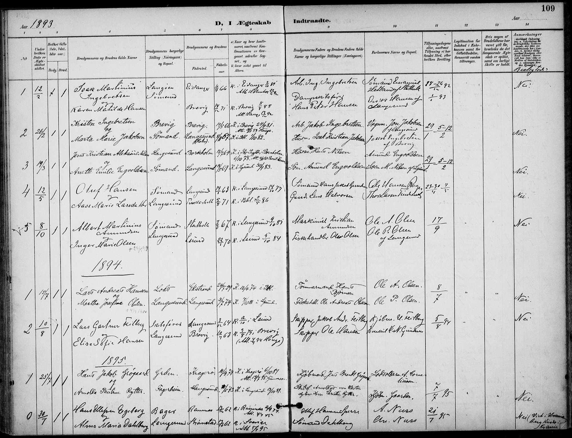 Langesund kirkebøker, SAKO/A-280/F/Fa/L0003: Parish register (official) no. 3, 1893-1907, p. 109