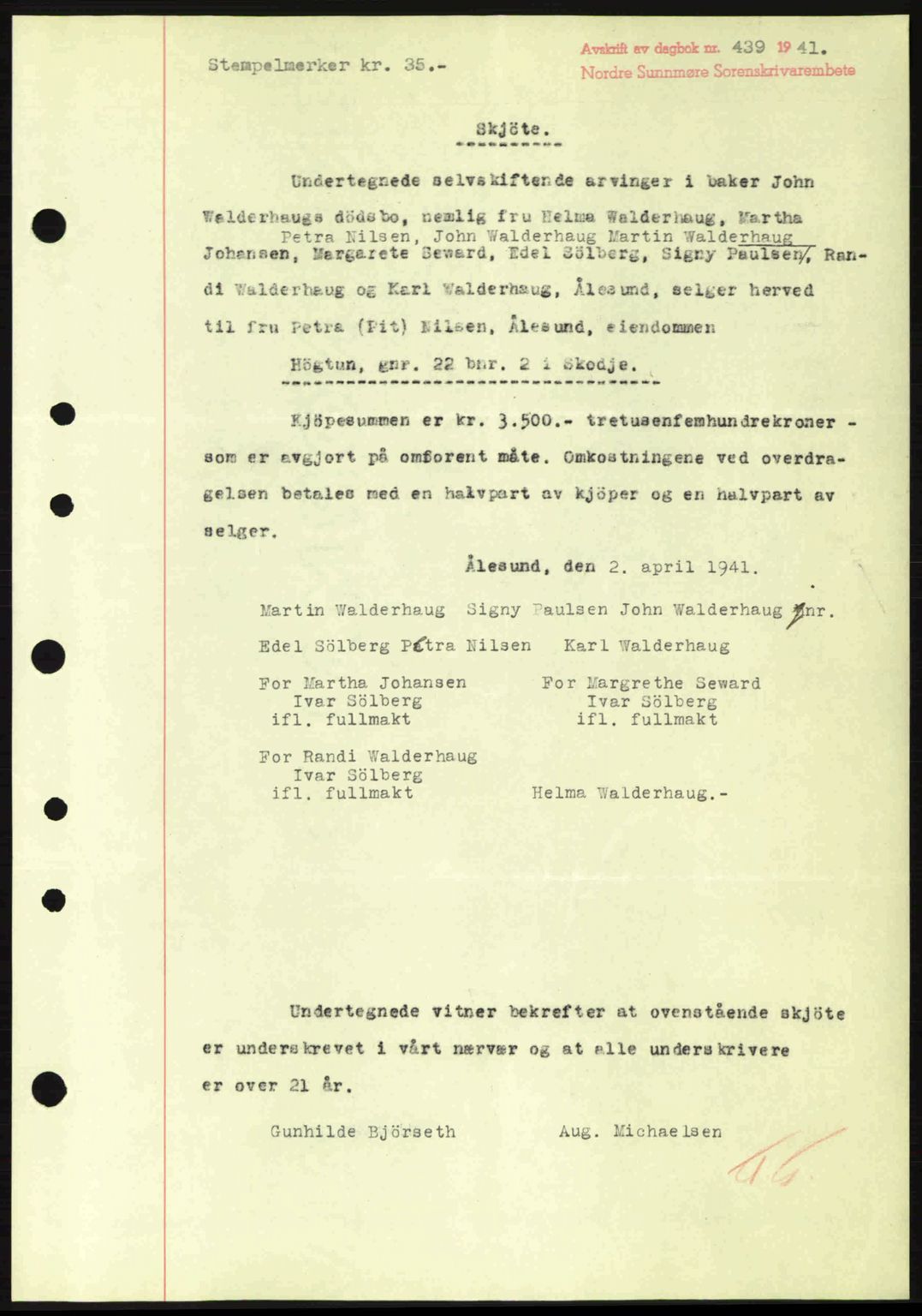 Nordre Sunnmøre sorenskriveri, AV/SAT-A-0006/1/2/2C/2Ca: Mortgage book no. A10, 1940-1941, Diary no: : 439/1941