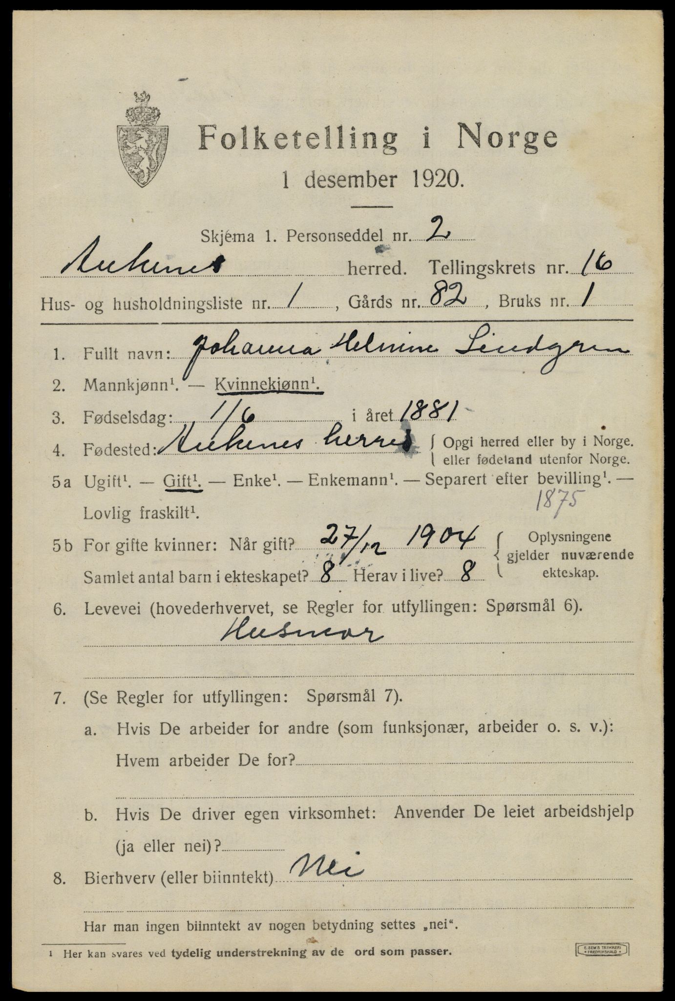 SAT, 1920 census for Ankenes, 1920, p. 7397