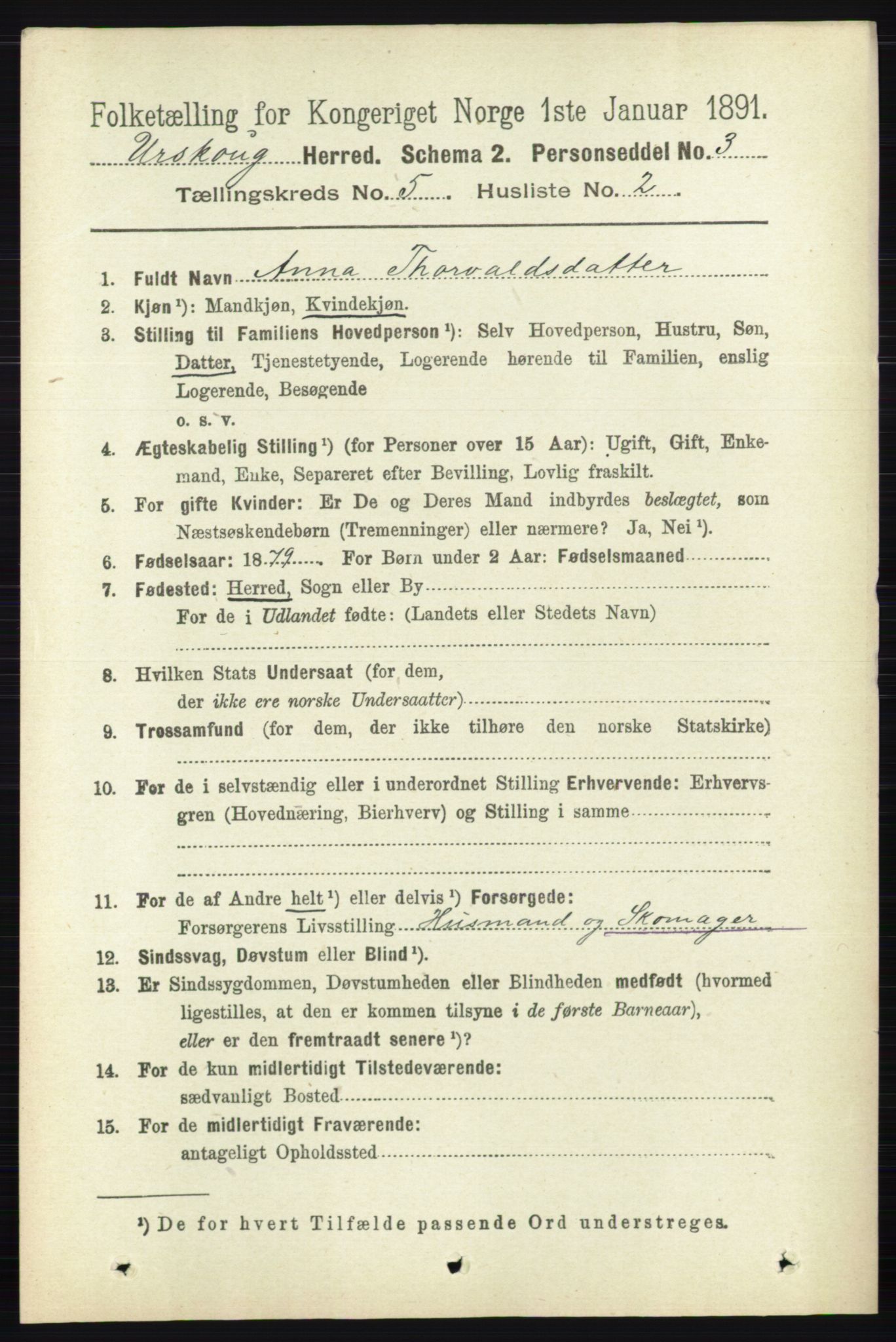 RA, 1891 census for 0224 Aurskog, 1891, p. 2071