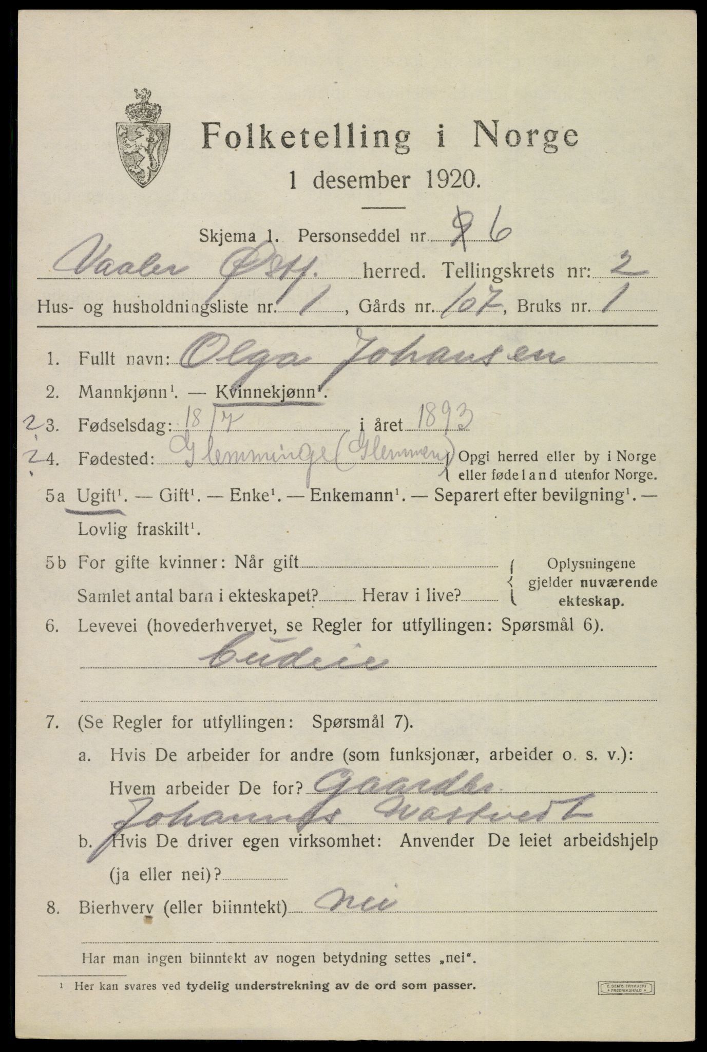 SAO, 1920 census for Våler, 1920, p. 1392