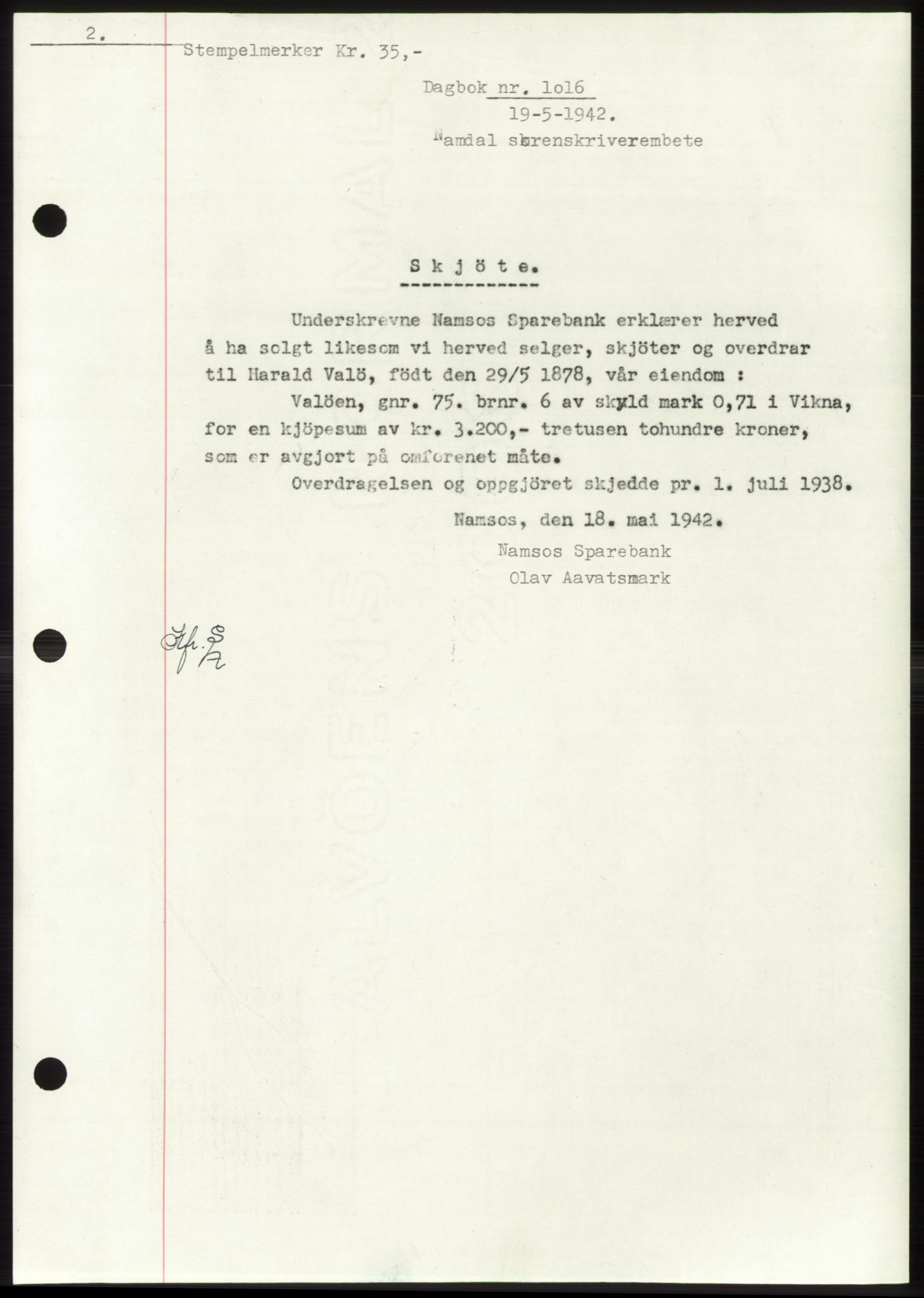Namdal sorenskriveri, SAT/A-4133/1/2/2C: Mortgage book no. -, 1941-1942, Diary no: : 1016/1942