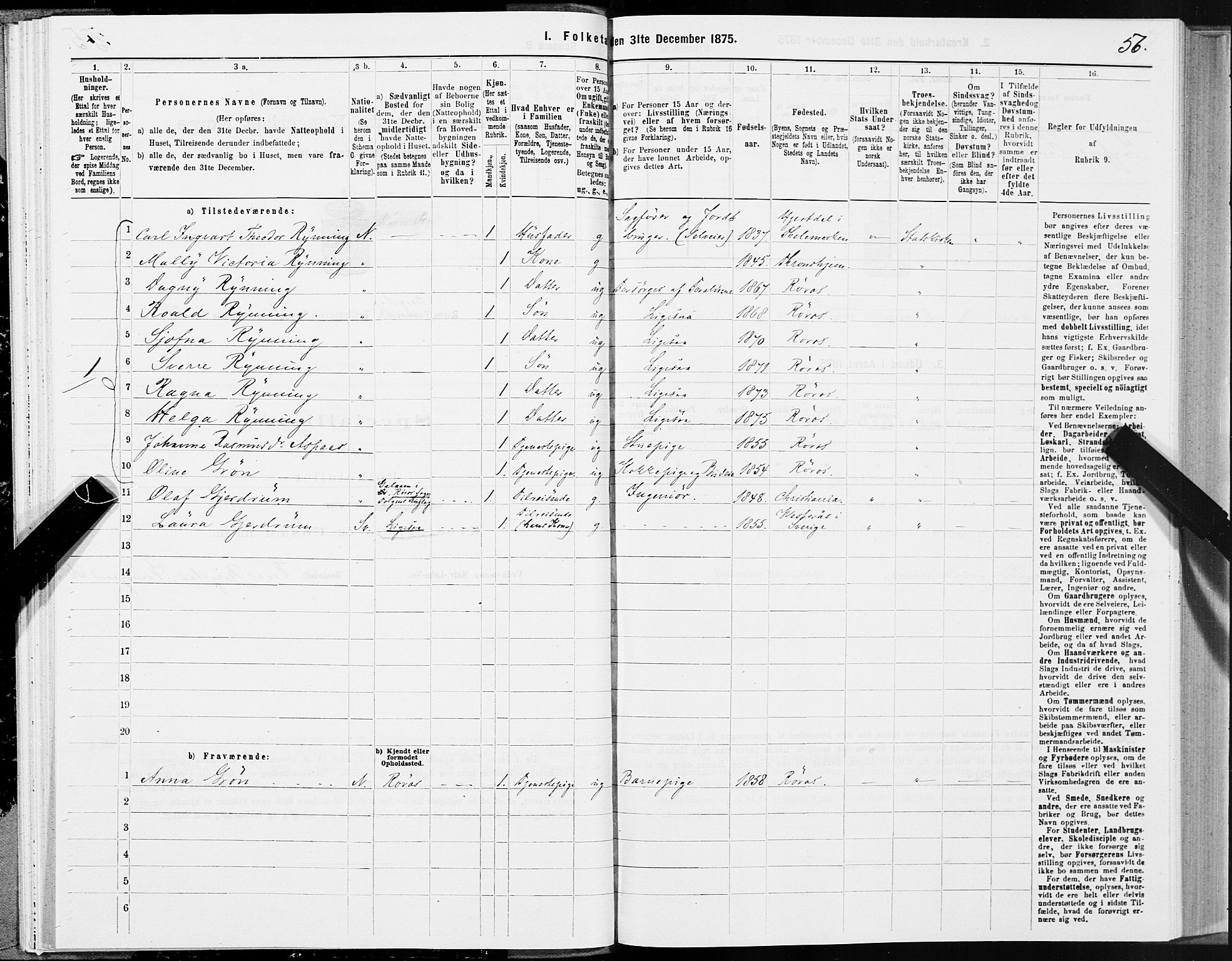 SAT, 1875 census for 1640P Røros, 1875, p. 1056