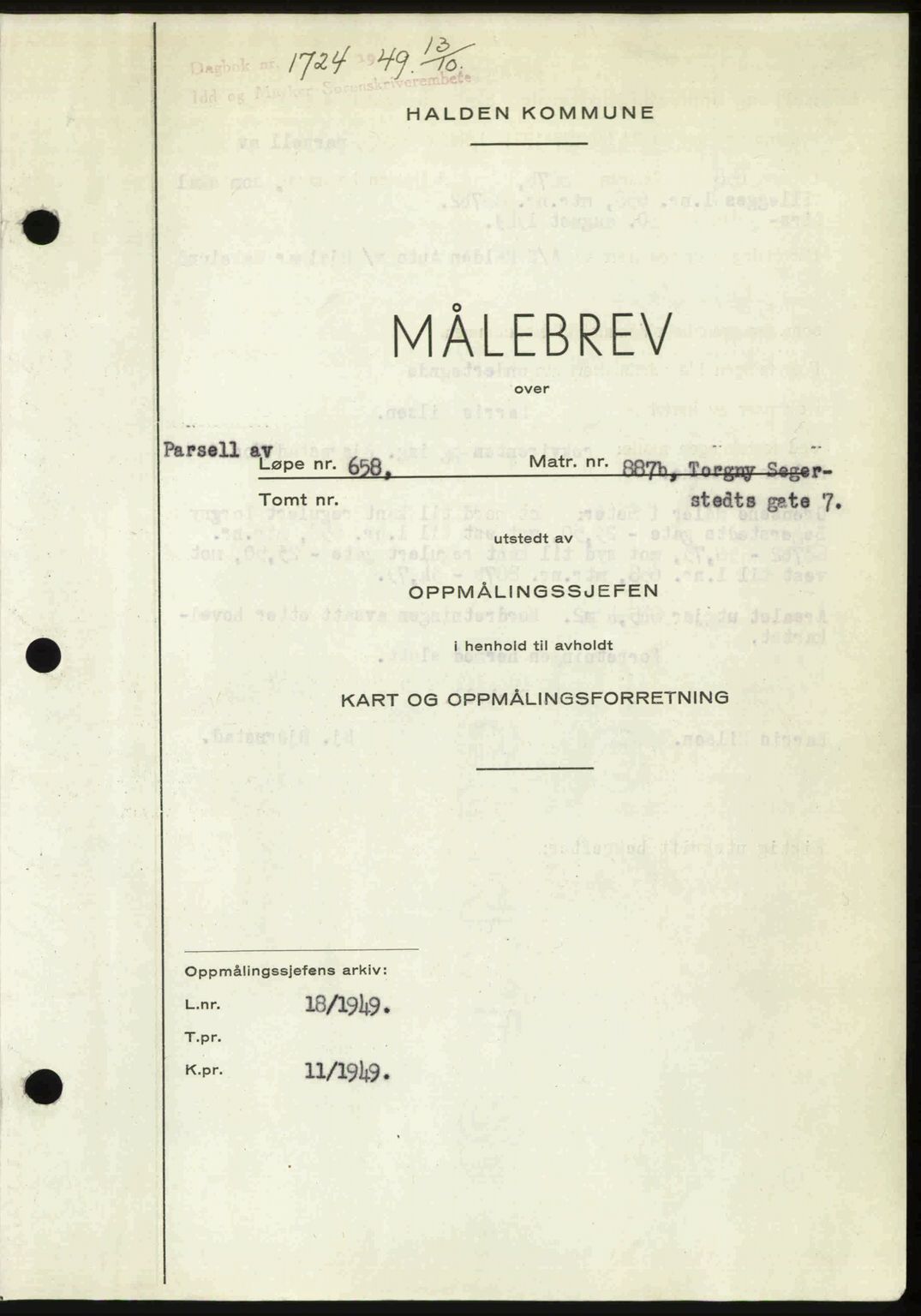 Idd og Marker sorenskriveri, AV/SAO-A-10283/G/Gb/Gbb/L0013: Mortgage book no. A13, 1949-1950, Diary no: : 1724/1949