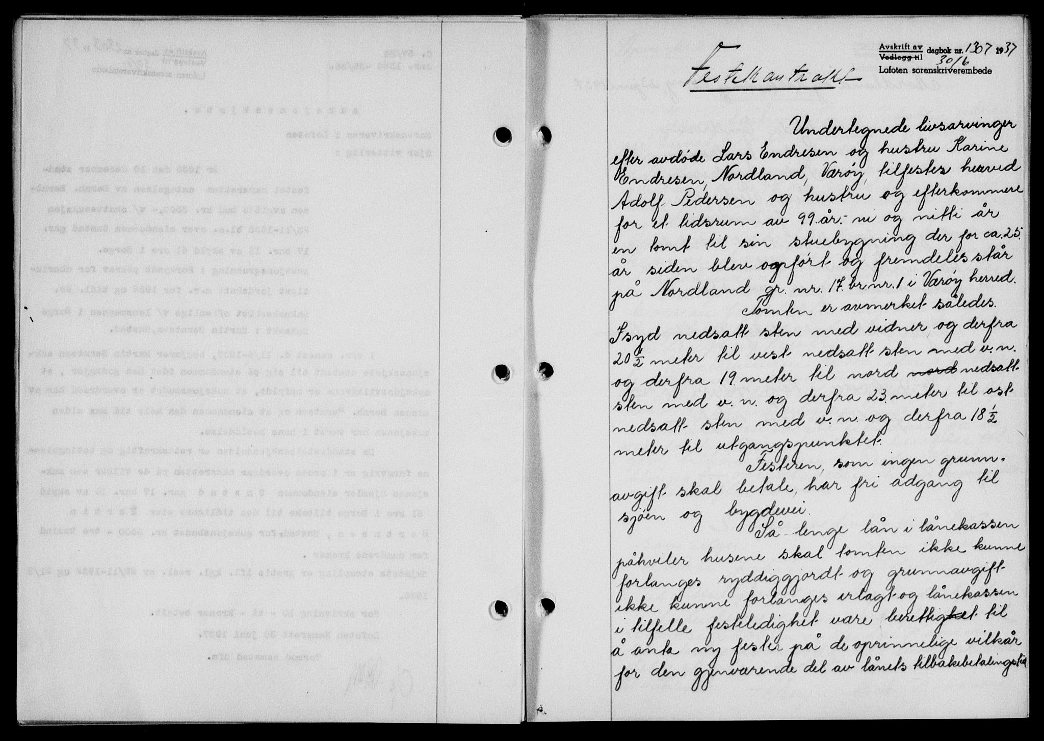 Lofoten sorenskriveri, SAT/A-0017/1/2/2C/L0002a: Mortgage book no. 2a, 1937-1937, Diary no: : 1307/1937