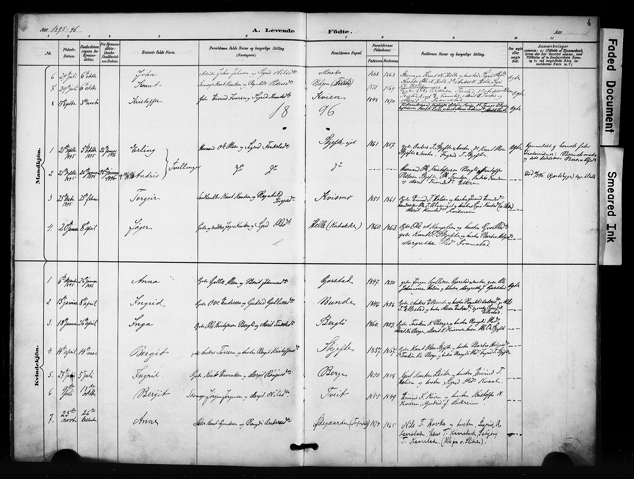 Vang prestekontor, Valdres, SAH/PREST-140/H/Hb/L0007: Parish register (copy) no. 7, 1893-1924, p. 4