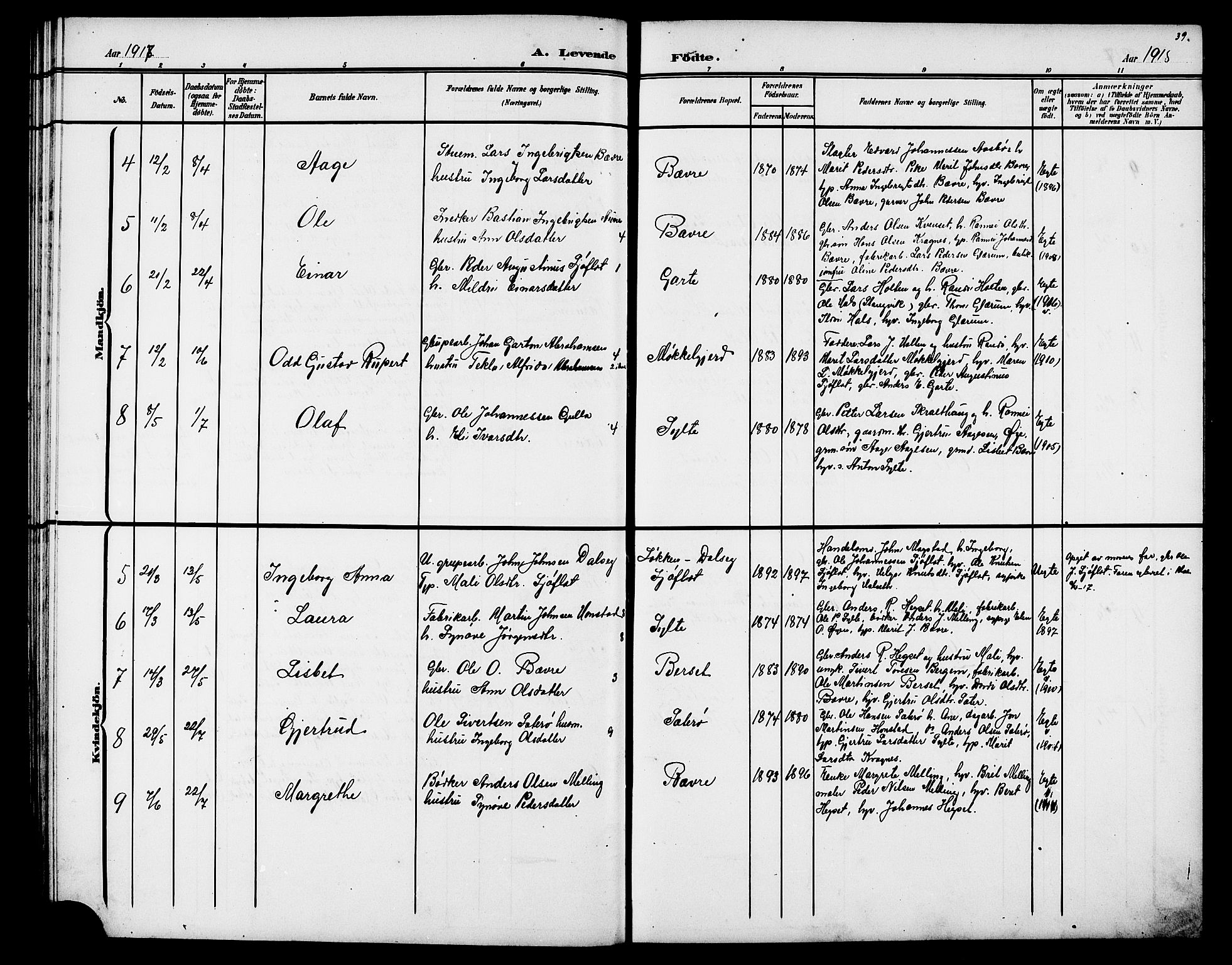 Ministerialprotokoller, klokkerbøker og fødselsregistre - Møre og Romsdal, AV/SAT-A-1454/595/L1053: Parish register (copy) no. 595C05, 1901-1919, p. 39